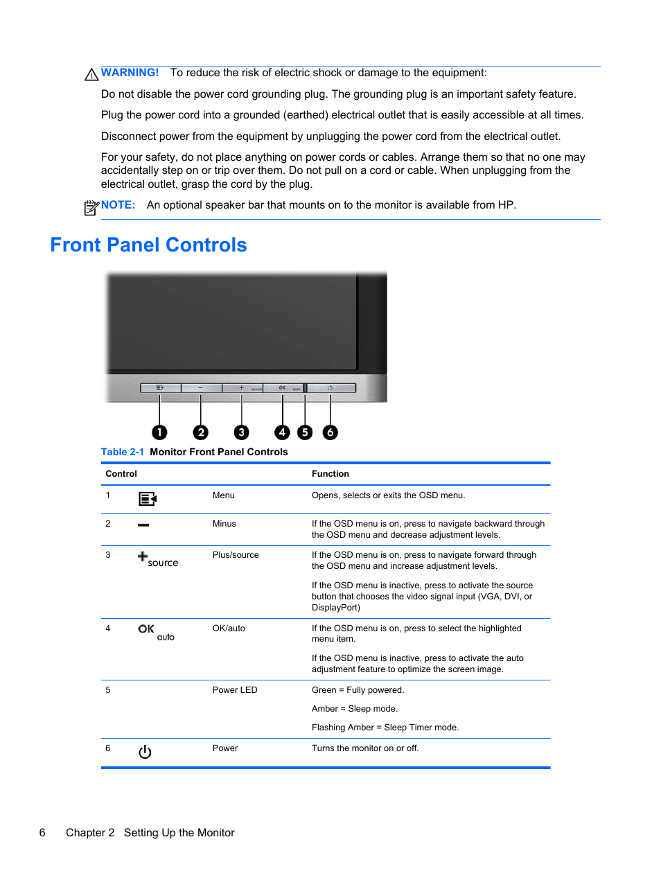 Front panel controls | HP Compaq LA2405x 24-inch LED Backlit LCD Monitor User Manual | Page 12 / 28