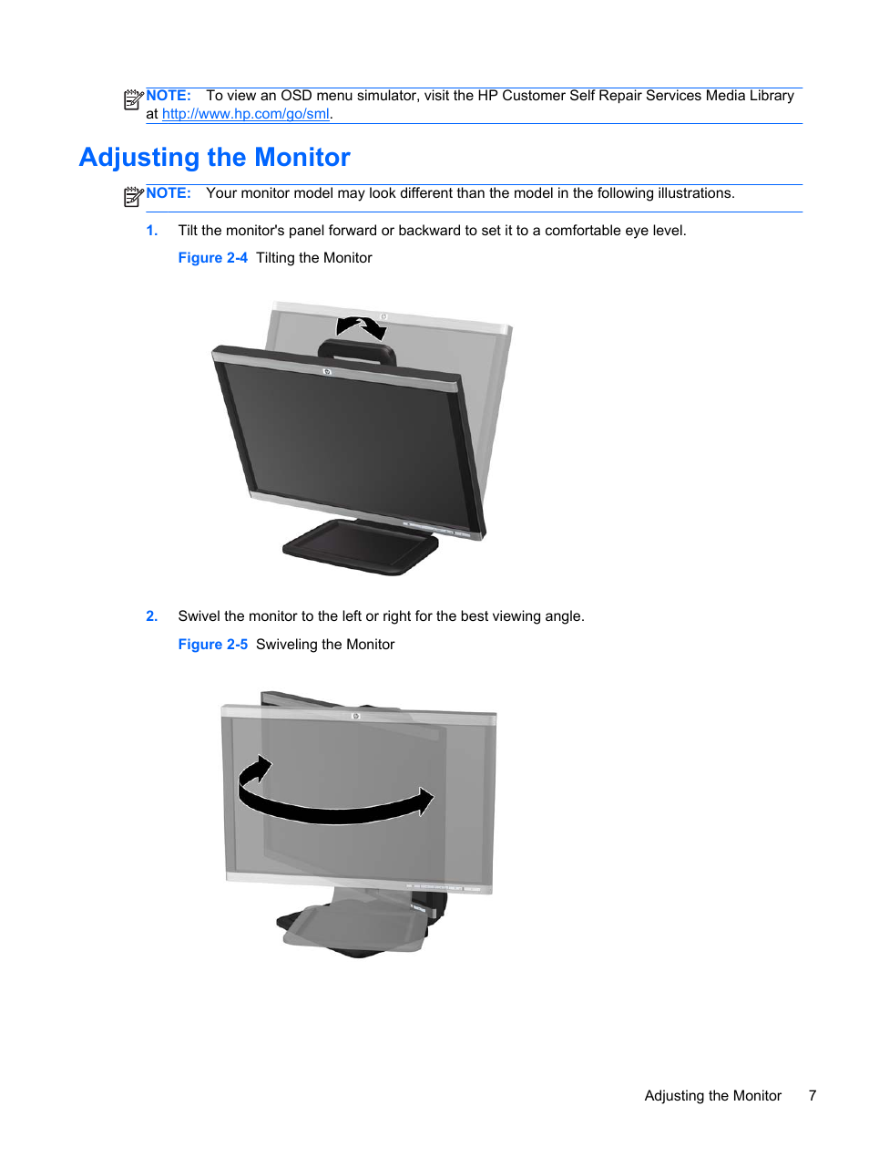 Adjusting the monitor | HP Compaq LA2405x 24-inch LED Backlit LCD Monitor User Manual | Page 13 / 28