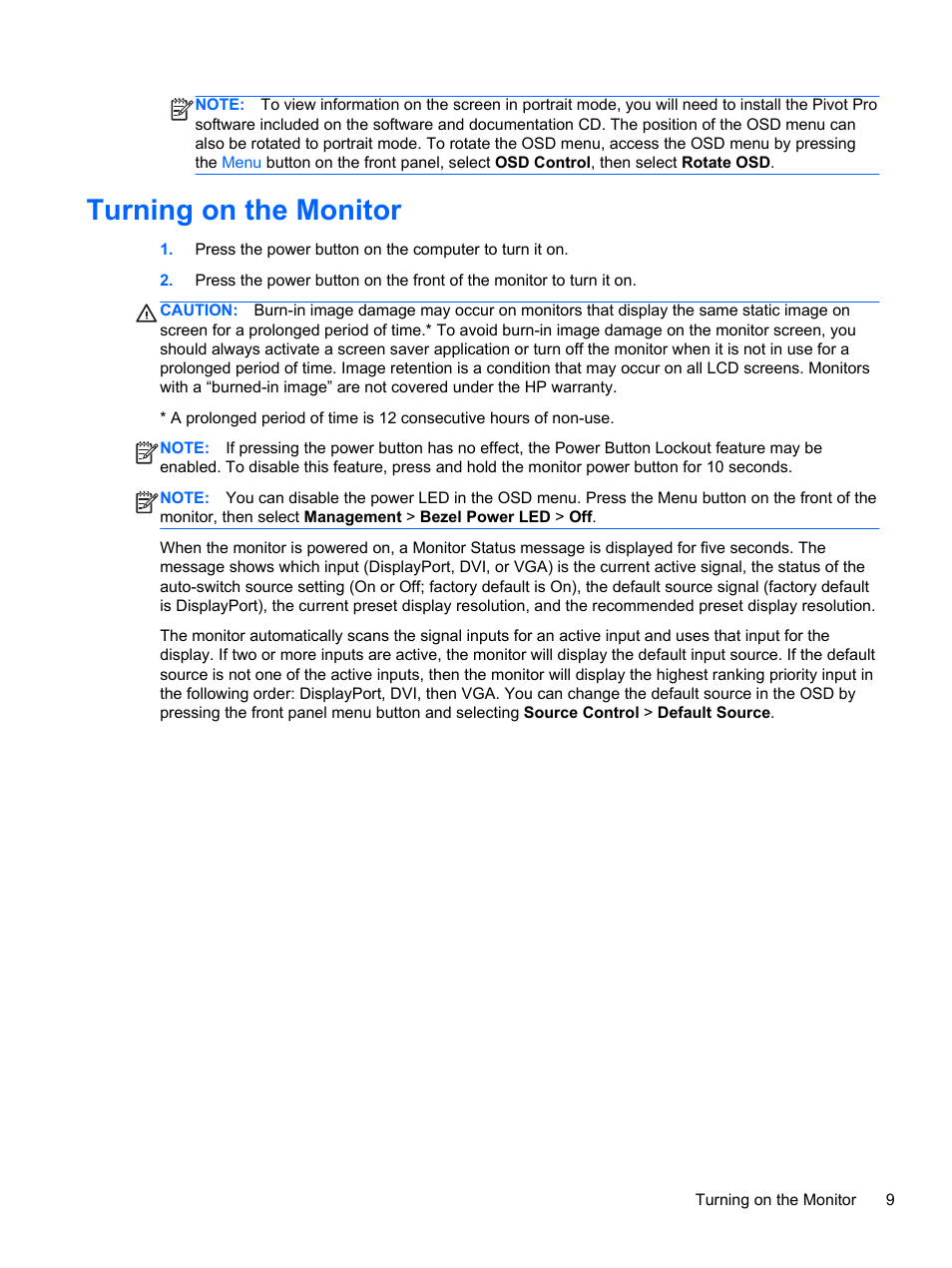Turning on the monitor | HP Compaq LA2405x 24-inch LED Backlit LCD Monitor User Manual | Page 15 / 28