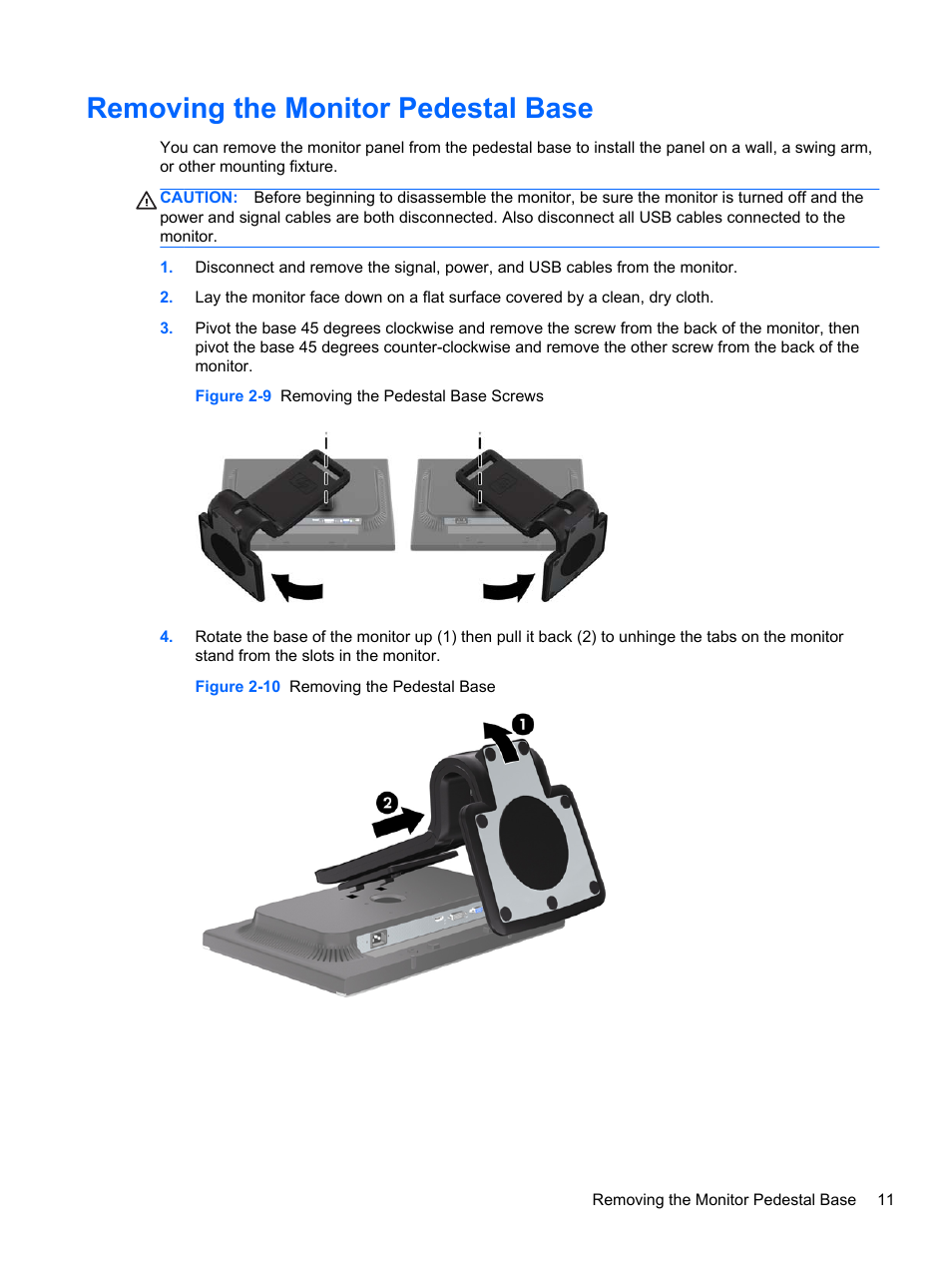 Removing the monitor pedestal base | HP Compaq LA2405x 24-inch LED Backlit LCD Monitor User Manual | Page 17 / 28