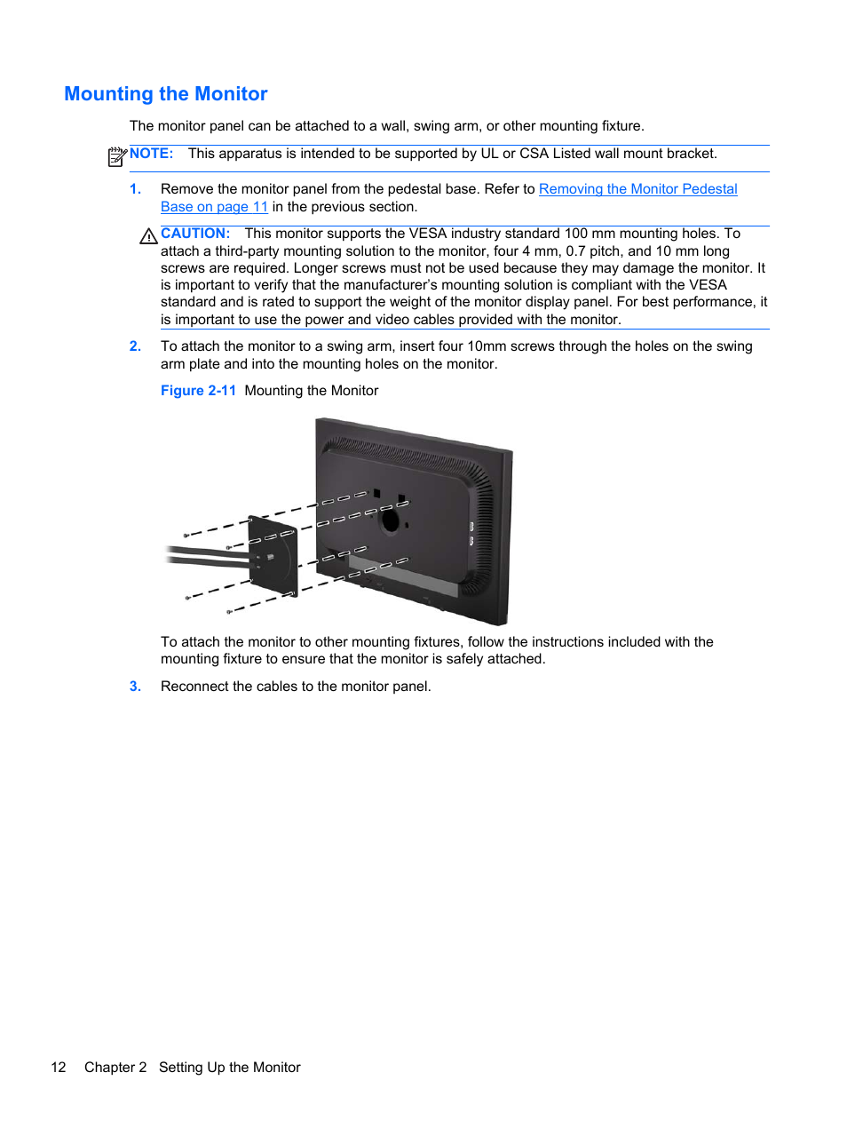 Mounting the monitor | HP Compaq LA2405x 24-inch LED Backlit LCD Monitor User Manual | Page 18 / 28