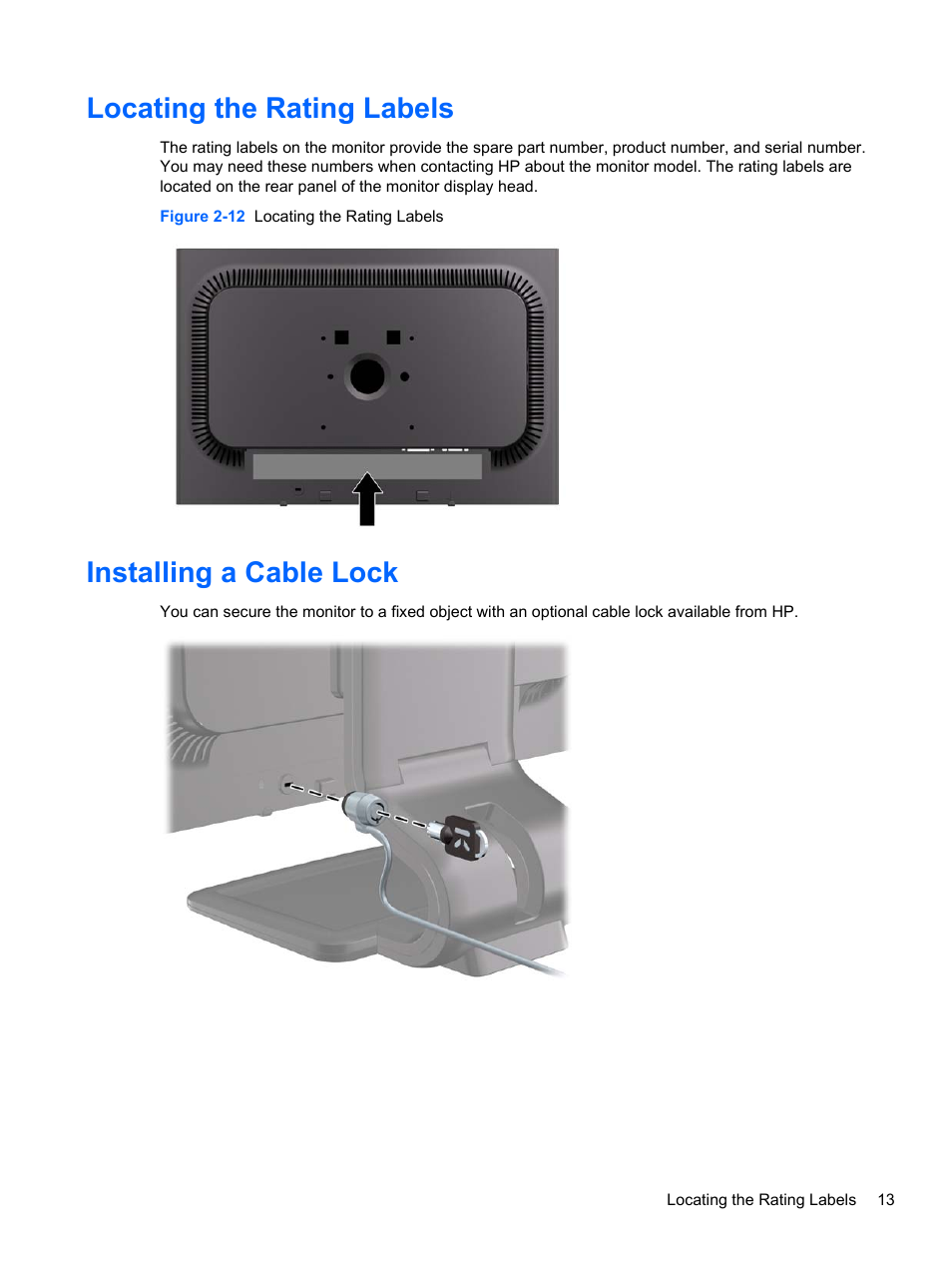 Locating the rating labels, Installing a cable lock, Locating the rating labels installing a cable lock | HP Compaq LA2405x 24-inch LED Backlit LCD Monitor User Manual | Page 19 / 28