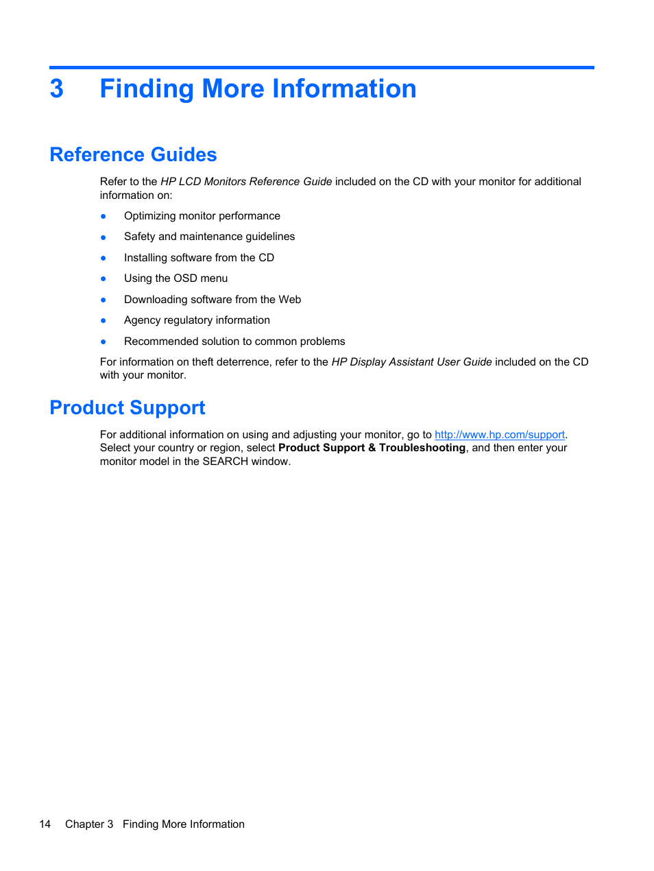 Finding more information, Reference guides, Product support | 3 finding more information, Reference guides product support, 3finding more information | HP Compaq LA2405x 24-inch LED Backlit LCD Monitor User Manual | Page 20 / 28