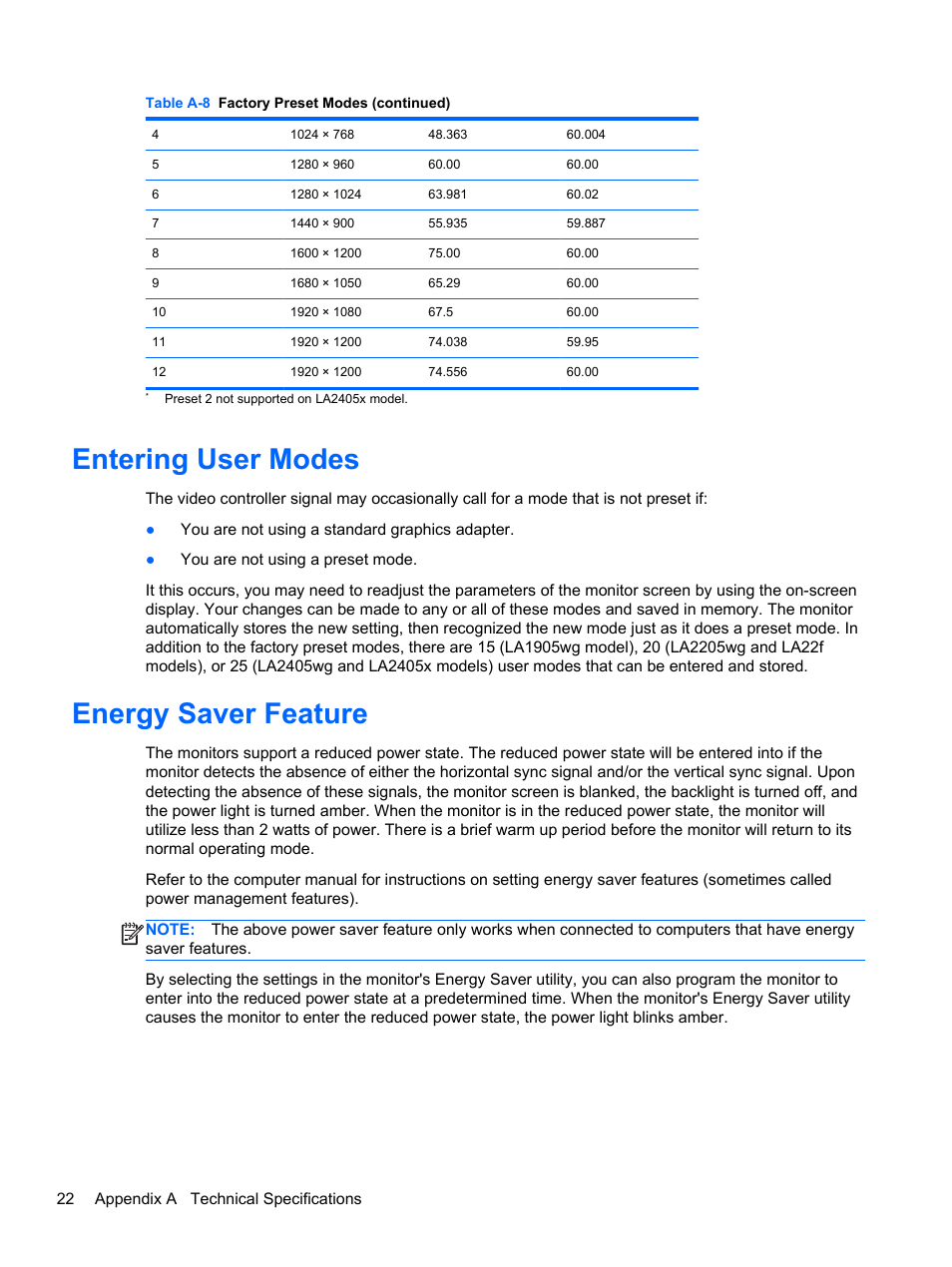 Entering user modes, Energy saver feature, Entering user modes energy saver feature | HP Compaq LA2405x 24-inch LED Backlit LCD Monitor User Manual | Page 28 / 28