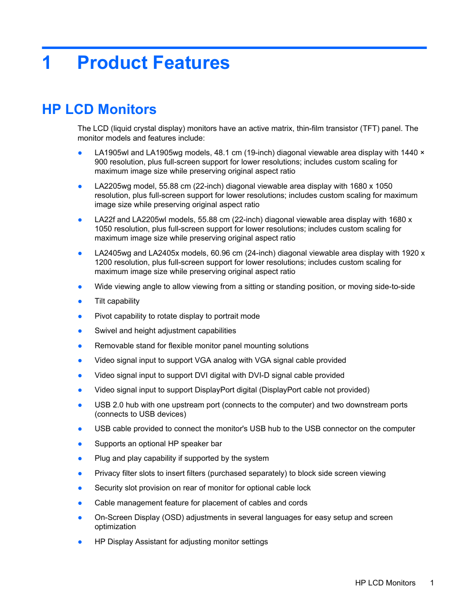 Product features, Hp lcd monitors, 1 product features | 1product features | HP Compaq LA2405x 24-inch LED Backlit LCD Monitor User Manual | Page 7 / 28