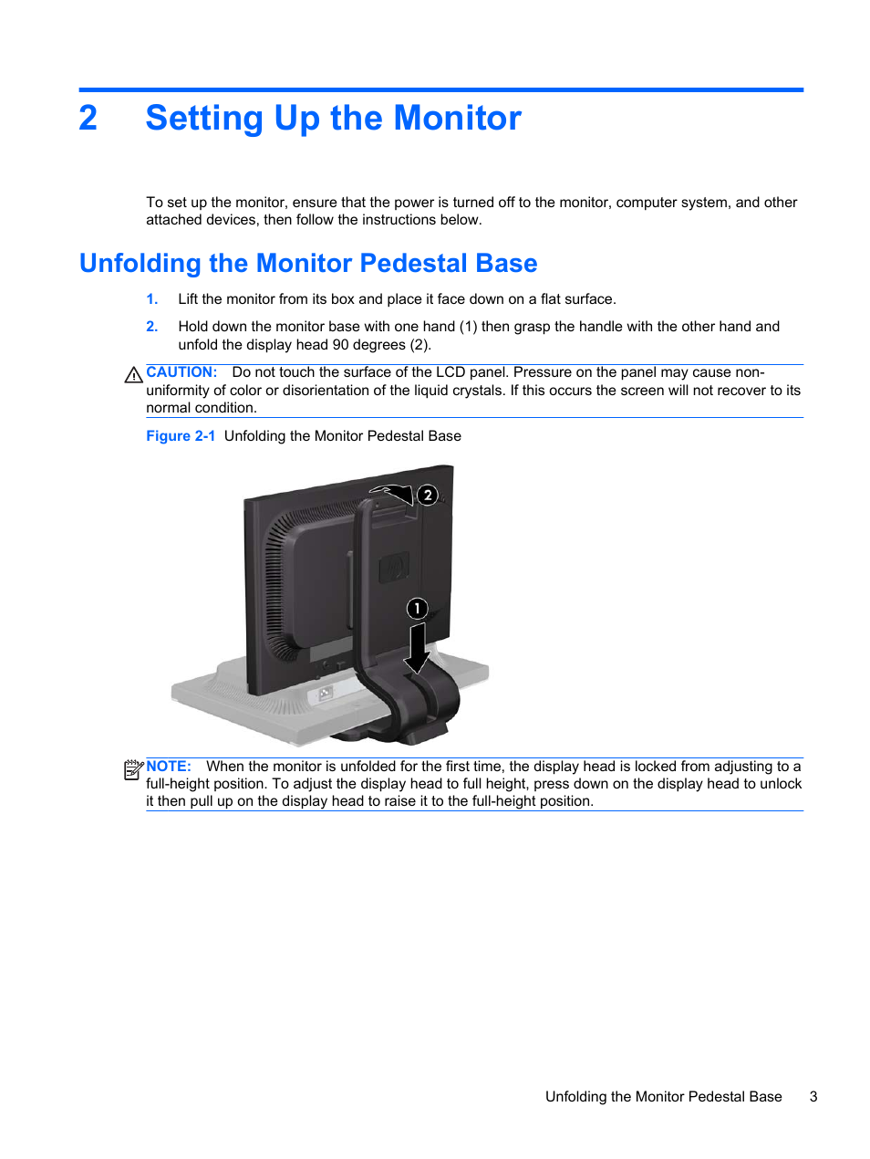 Setting up the monitor, Unfolding the monitor pedestal base, 2 setting up the monitor | 2setting up the monitor | HP Compaq LA2405x 24-inch LED Backlit LCD Monitor User Manual | Page 9 / 28