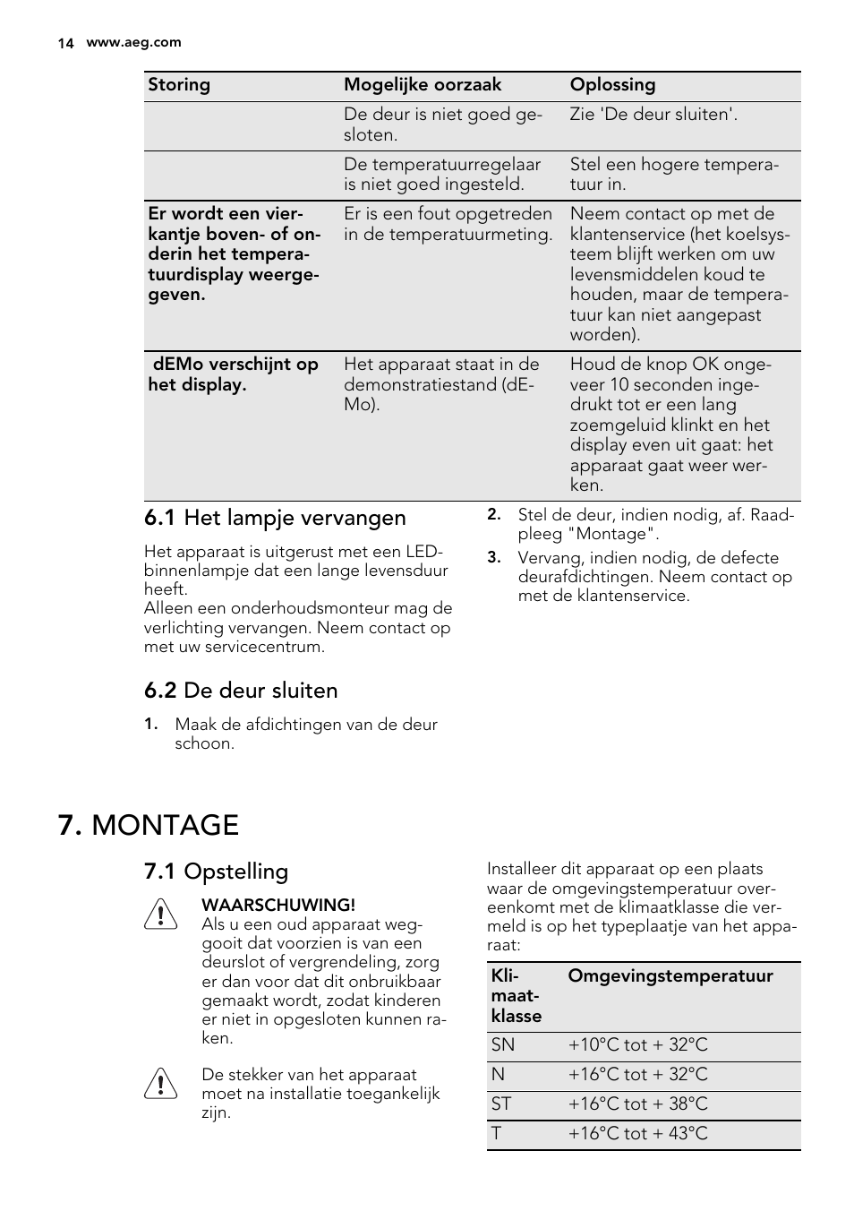 Montage, 1 het lampje vervangen, 2 de deur sluiten | 1 opstelling | AEG SKS91240F0 User Manual | Page 14 / 68