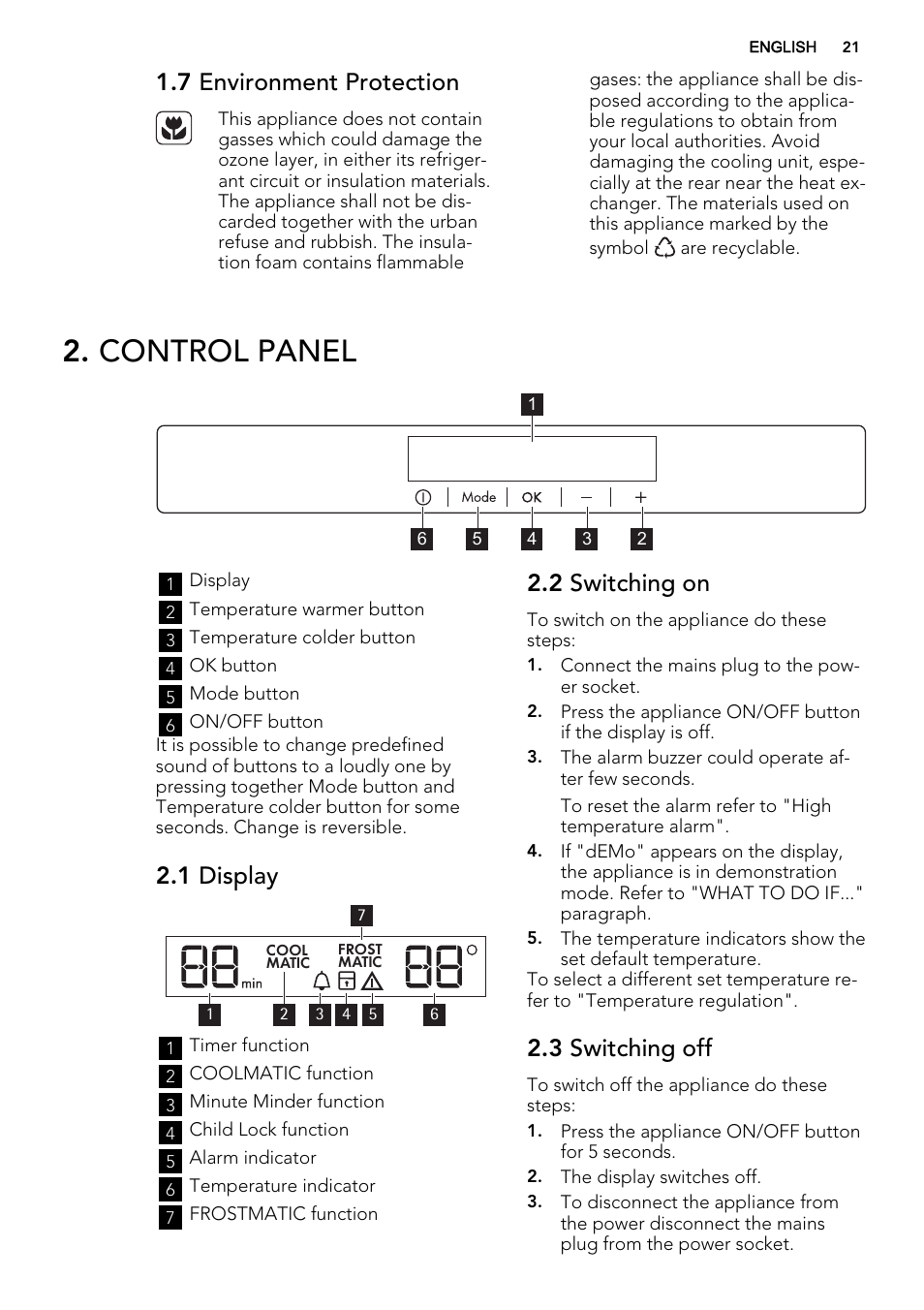 Control panel, 7 environment protection, 1 display | 2 switching on, 3 switching off | AEG SKS91240F0 User Manual | Page 21 / 68