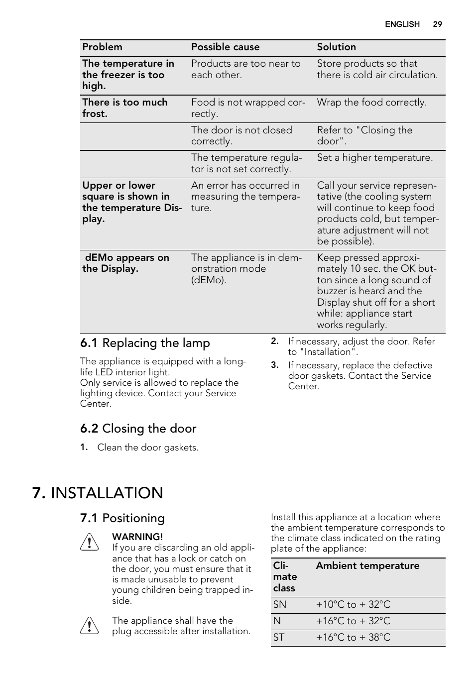 Installation, 1 replacing the lamp, 2 closing the door | 1 positioning | AEG SKS91240F0 User Manual | Page 29 / 68