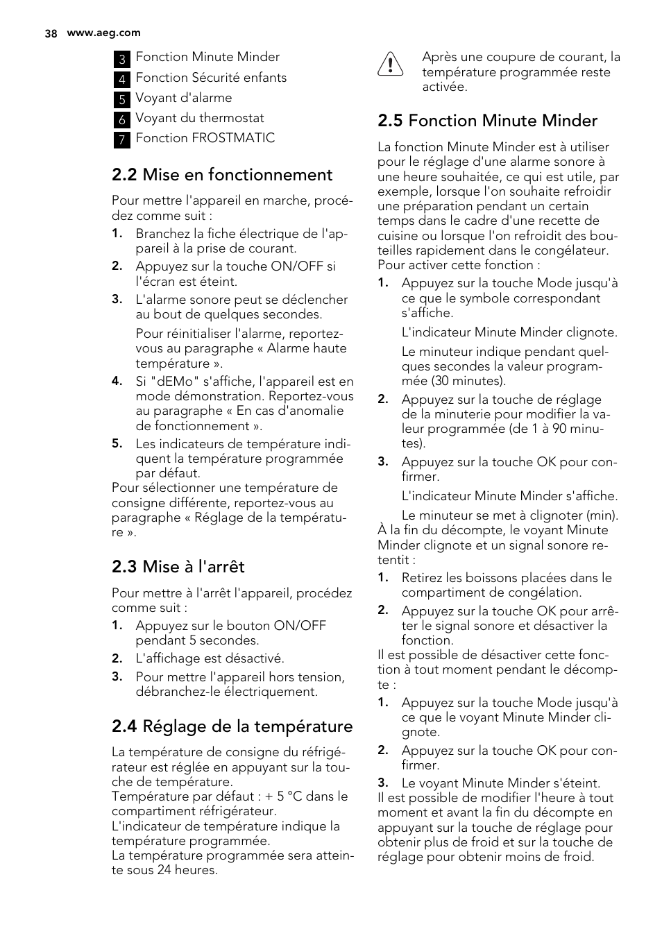 2 mise en fonctionnement, 3 mise à l'arrêt, 4 réglage de la température | 5 fonction minute minder | AEG SKS91240F0 User Manual | Page 38 / 68