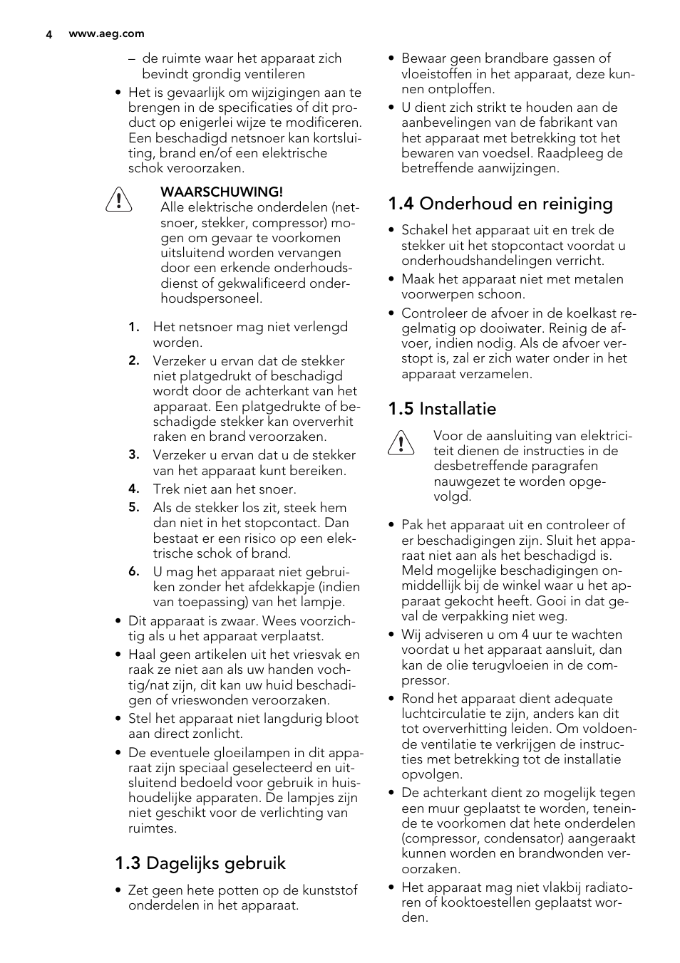 3 dagelijks gebruik, 4 onderhoud en reiniging, 5 installatie | AEG SKS91240F0 User Manual | Page 4 / 68