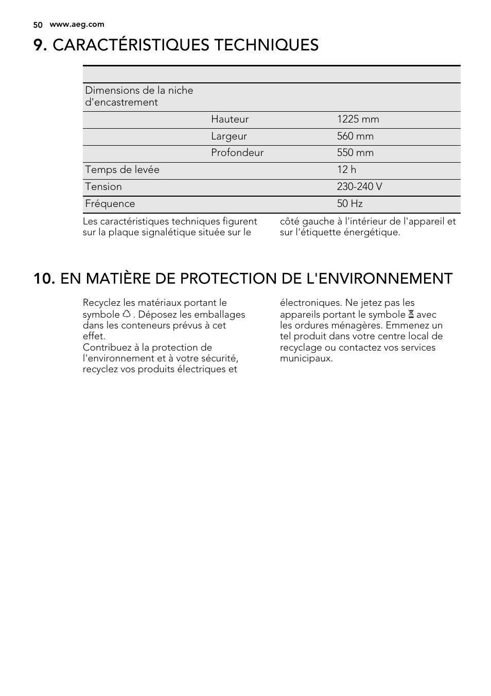 Caractéristiques techniques, En matière de protection de l'environnement | AEG SKS91240F0 User Manual | Page 50 / 68