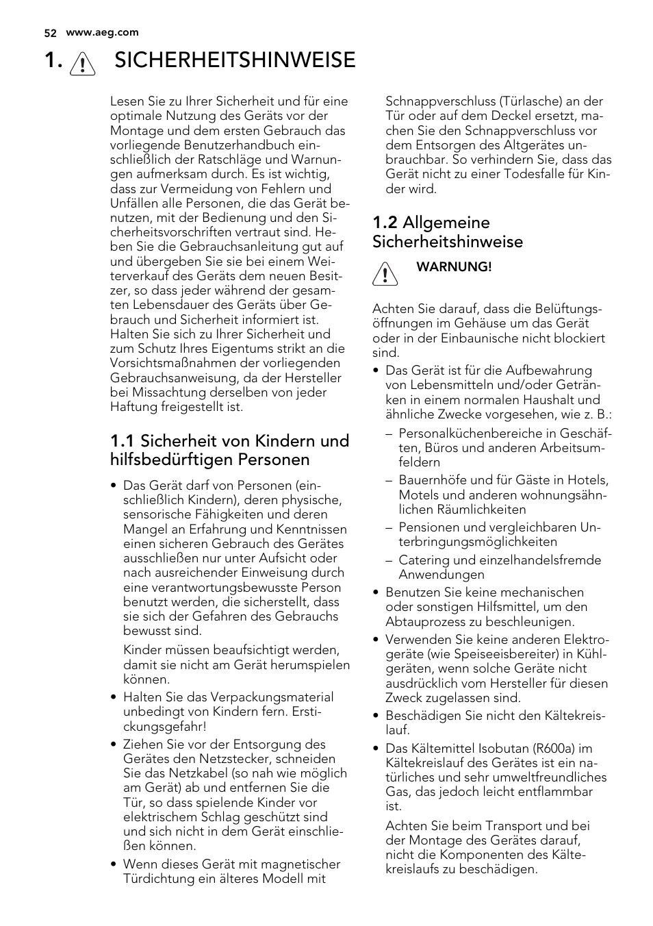 Sicherheitshinweise, 2 allgemeine sicherheitshinweise | AEG SKS91240F0 User Manual | Page 52 / 68