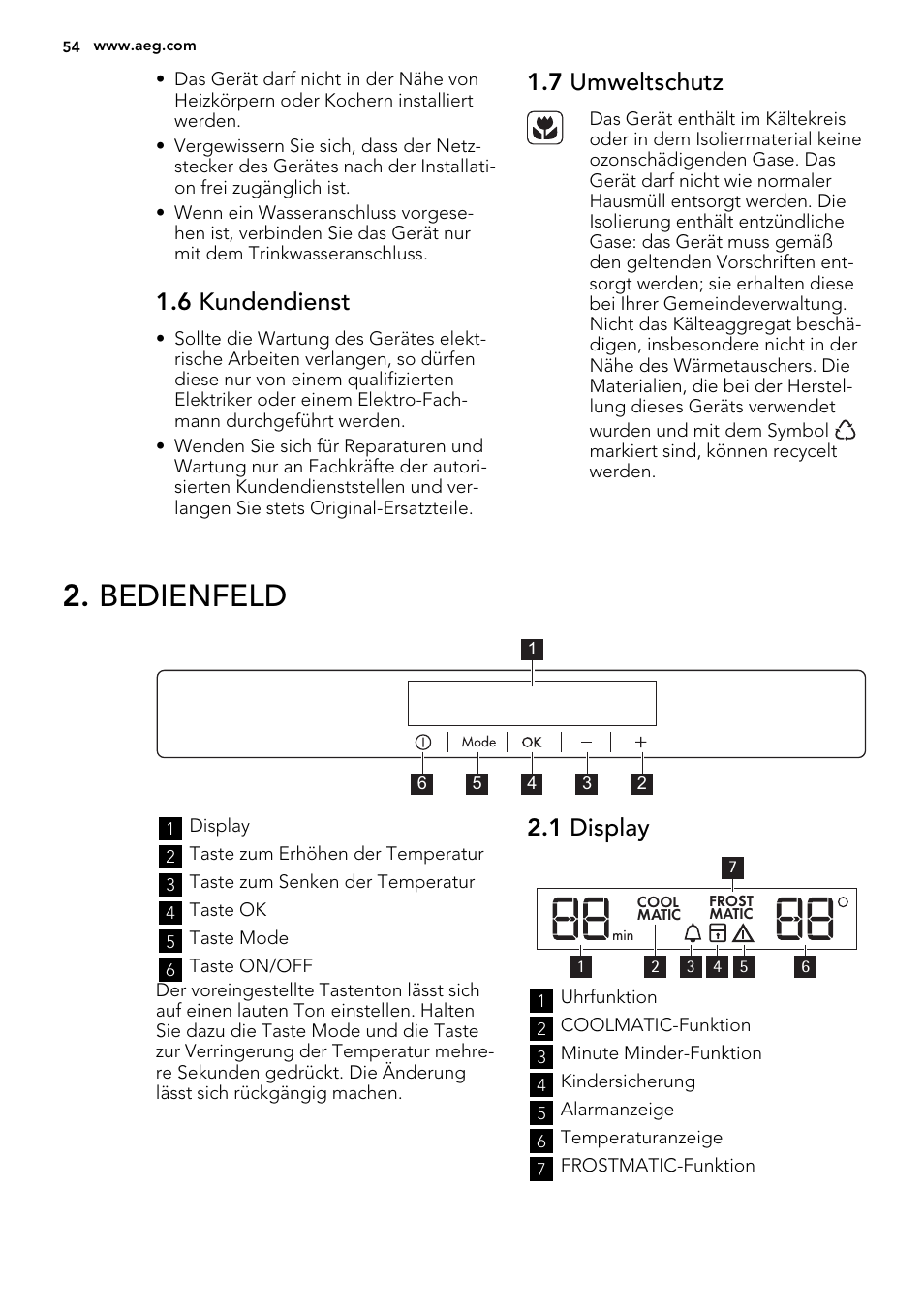 Bedienfeld, 6 kundendienst, 7 umweltschutz | 1 display | AEG SKS91240F0 User Manual | Page 54 / 68