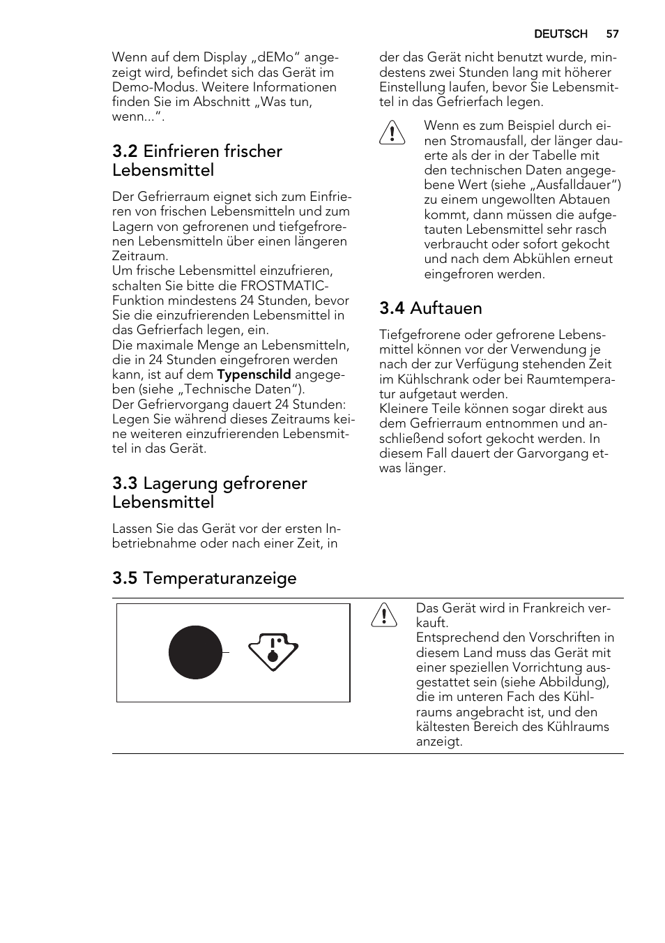 2 einfrieren frischer lebensmittel, 3 lagerung gefrorener lebensmittel, 4 auftauen | 5 temperaturanzeige | AEG SKS91240F0 User Manual | Page 57 / 68