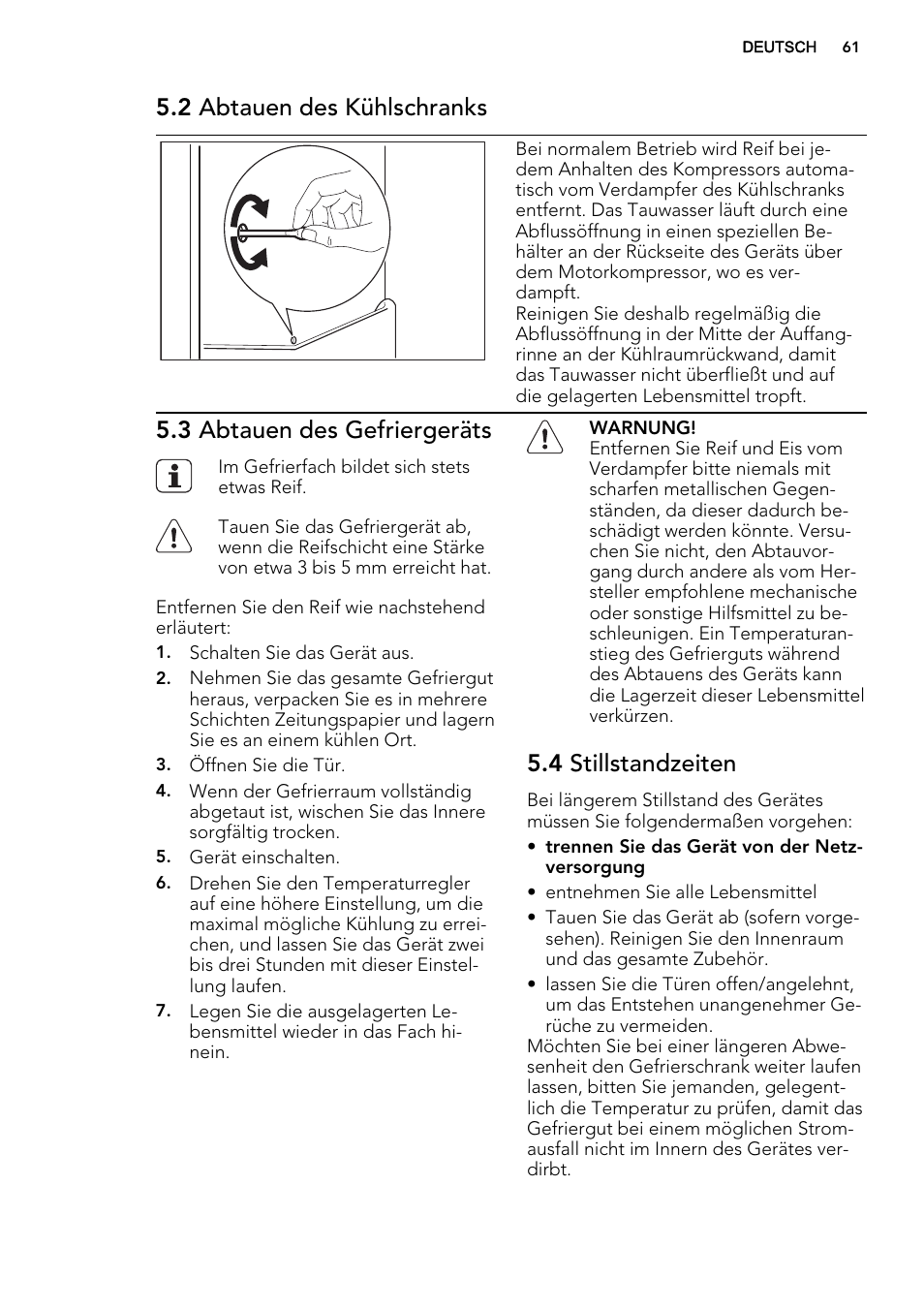 2 abtauen des kühlschranks, 3 abtauen des gefriergeräts, 4 stillstandzeiten | AEG SKS91240F0 User Manual | Page 61 / 68