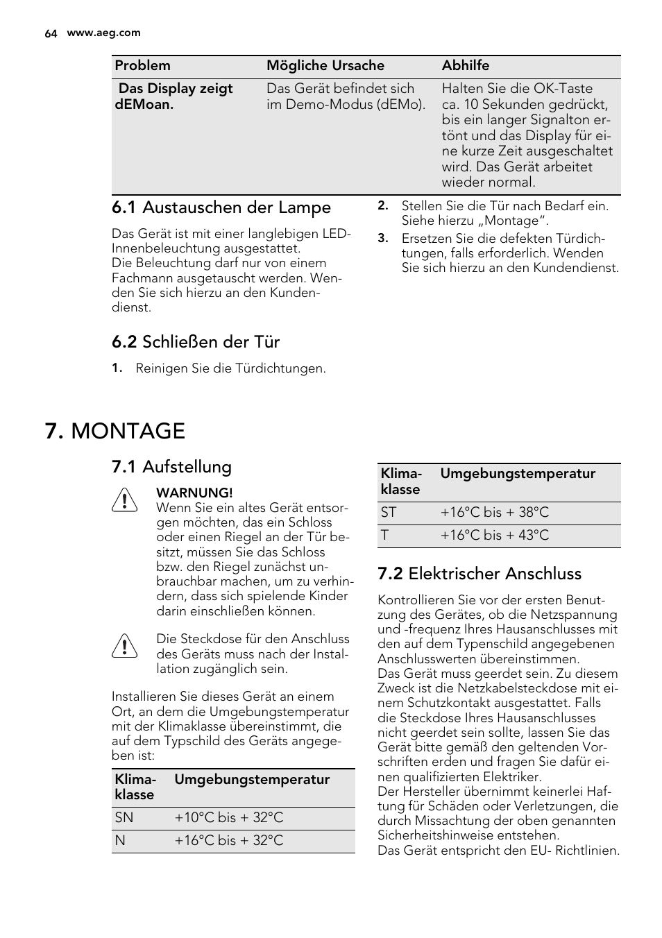 Montage, 1 austauschen der lampe, 2 schließen der tür | 1 aufstellung, 2 elektrischer anschluss | AEG SKS91240F0 User Manual | Page 64 / 68