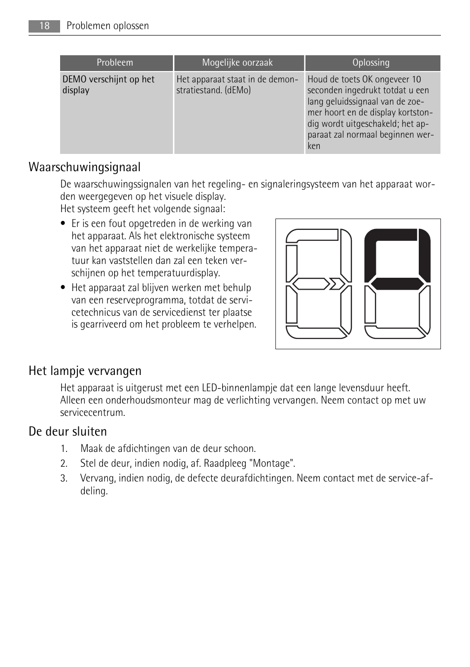 Waarschuwingsignaal, Het lampje vervangen, De deur sluiten | AEG SKS88849F0 User Manual | Page 18 / 84