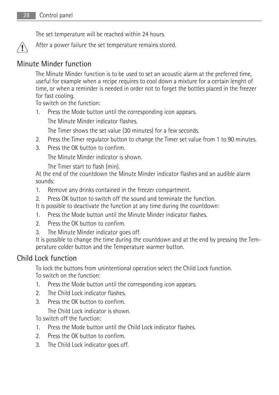 Minute minder function, Child lock function | AEG SKS88849F0 User Manual | Page 28 / 84