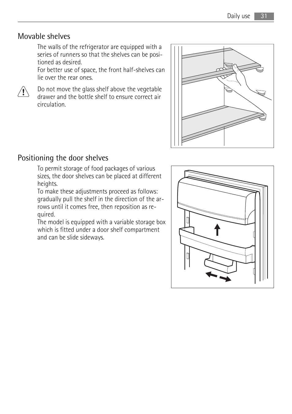 Movable shelves, Positioning the door shelves | AEG SKS88849F0 User Manual | Page 31 / 84