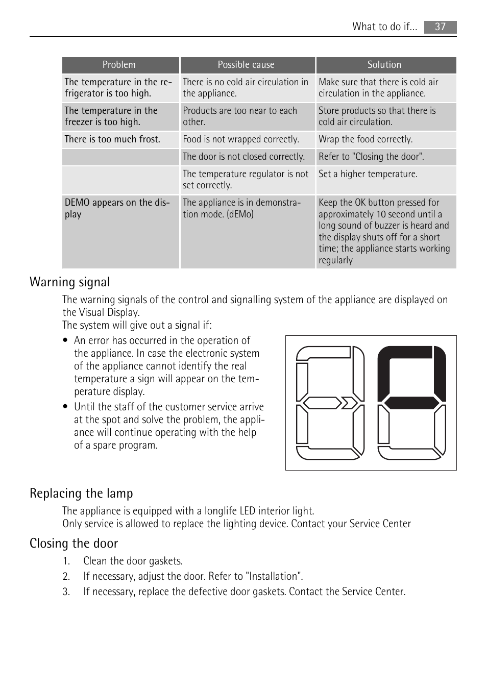 Warning signal, Replacing the lamp, Closing the door | AEG SKS88849F0 User Manual | Page 37 / 84