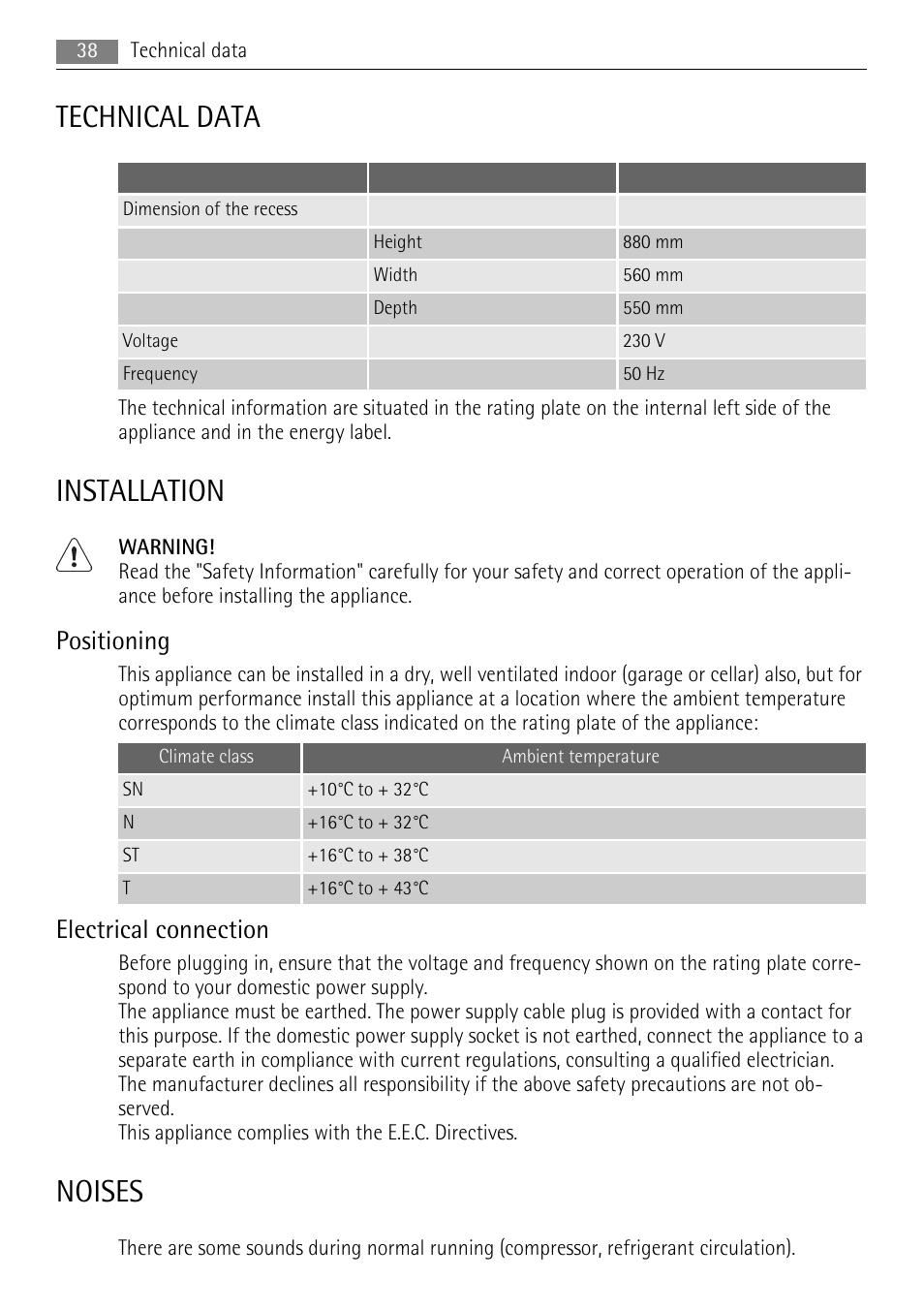 Technical data, Installation, Noises | Positioning, Electrical connection | AEG SKS88849F0 User Manual | Page 38 / 84