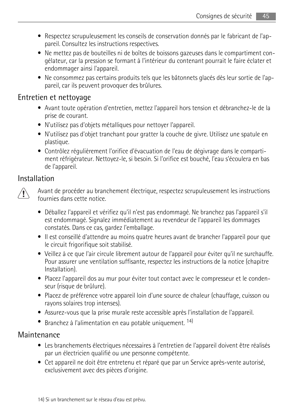 Entretien et nettoyage, Installation, Maintenance | AEG SKS88849F0 User Manual | Page 45 / 84