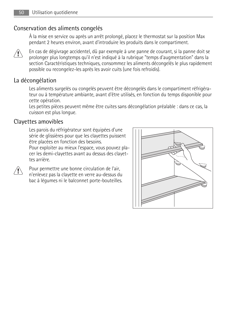 Conservation des aliments congelés, La décongélation, Clayettes amovibles | AEG SKS88849F0 User Manual | Page 50 / 84
