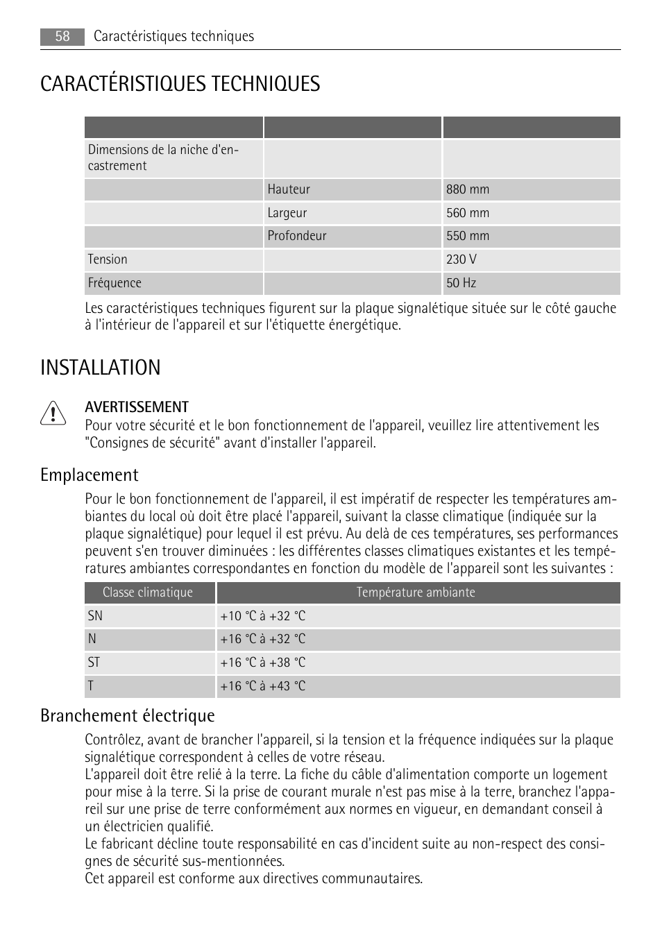 Caractéristiques techniques, Installation, Emplacement | Branchement électrique | AEG SKS88849F0 User Manual | Page 58 / 84