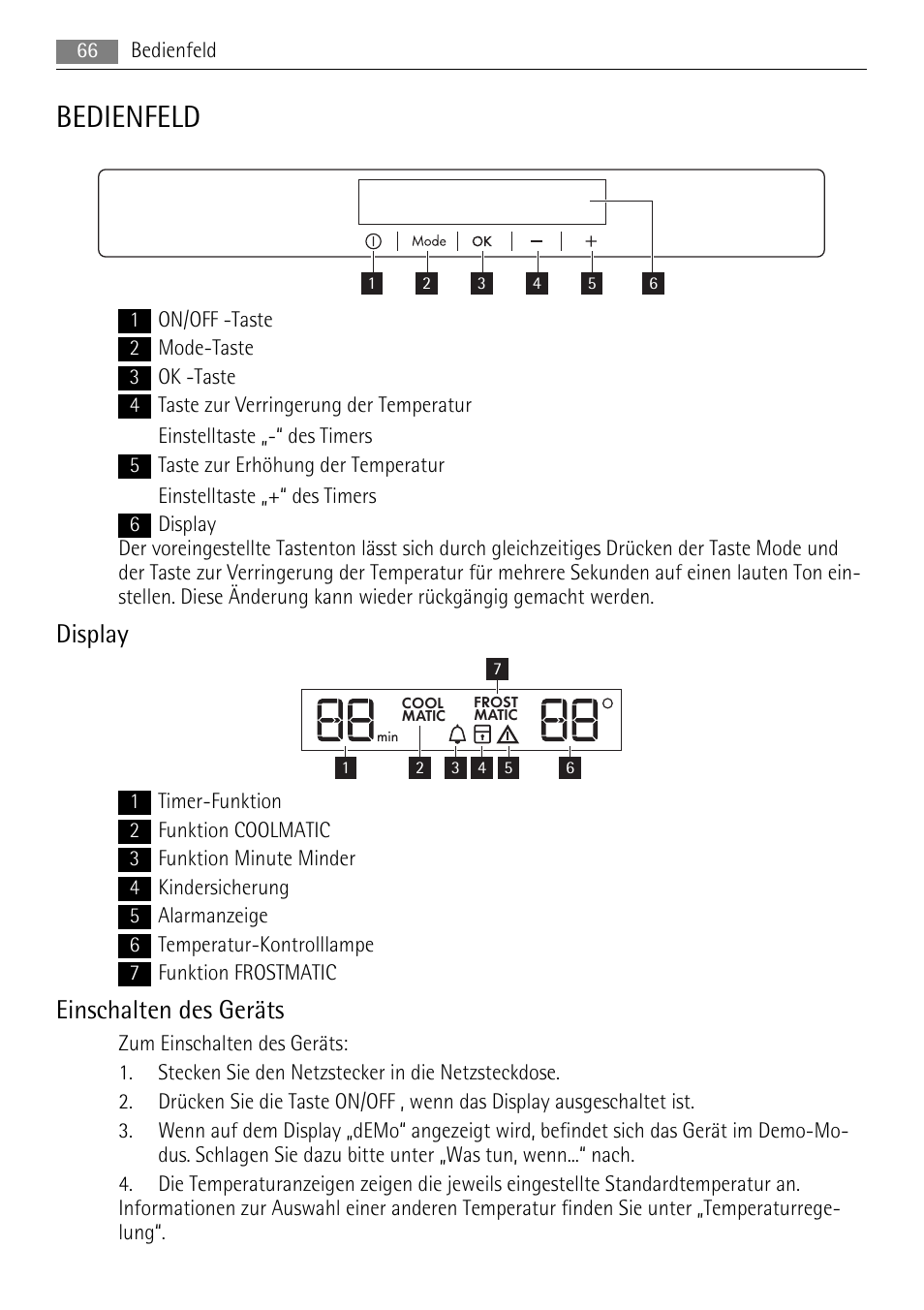 Bedienfeld, Display, Einschalten des geräts | AEG SKS88849F0 User Manual | Page 66 / 84
