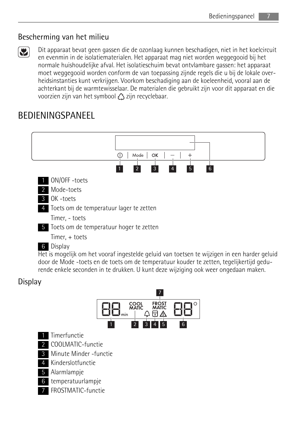 Bedieningspaneel, Bescherming van het milieu, Display | AEG SKS88849F0 User Manual | Page 7 / 84