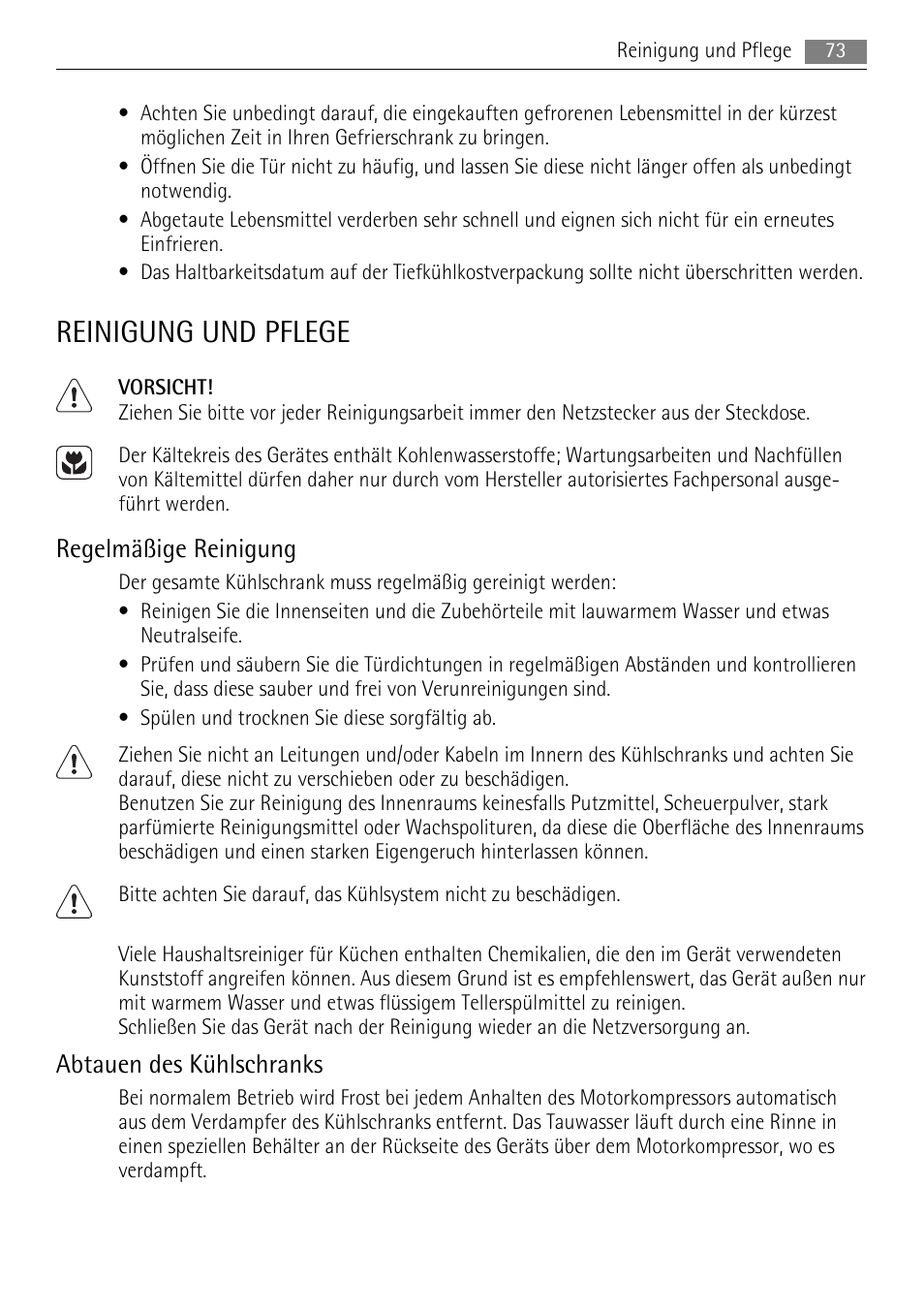 Reinigung und pflege, Regelmäßige reinigung, Abtauen des kühlschranks | AEG SKS88849F0 User Manual | Page 73 / 84