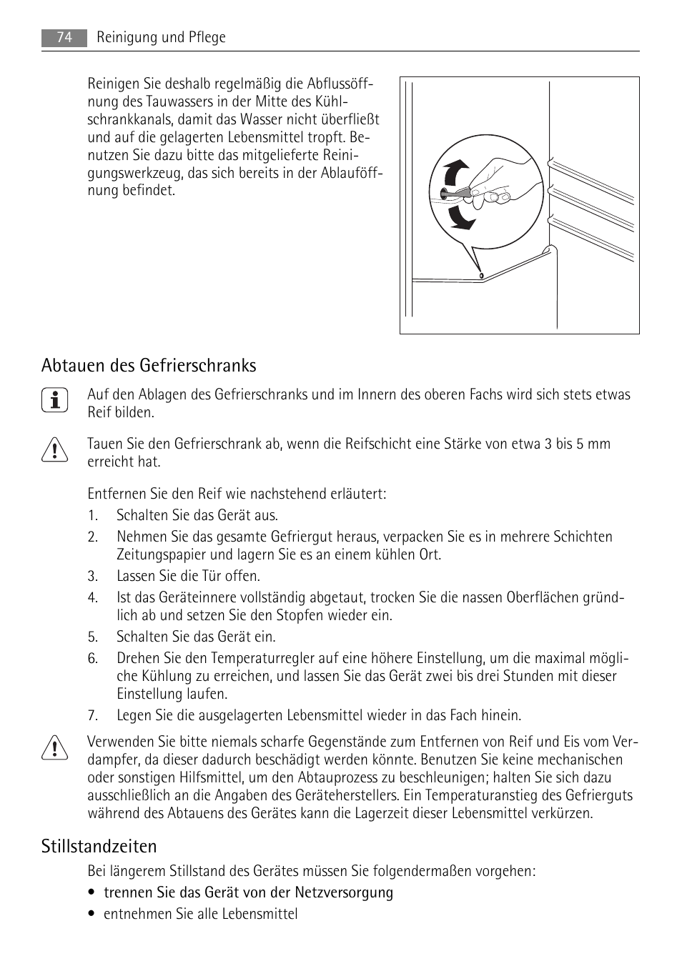 Abtauen des gefrierschranks, Stillstandzeiten | AEG SKS88849F0 User Manual | Page 74 / 84