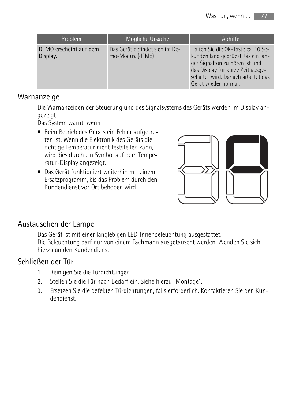 Warnanzeige, Austauschen der lampe, Schließen der tür | AEG SKS88849F0 User Manual | Page 77 / 84