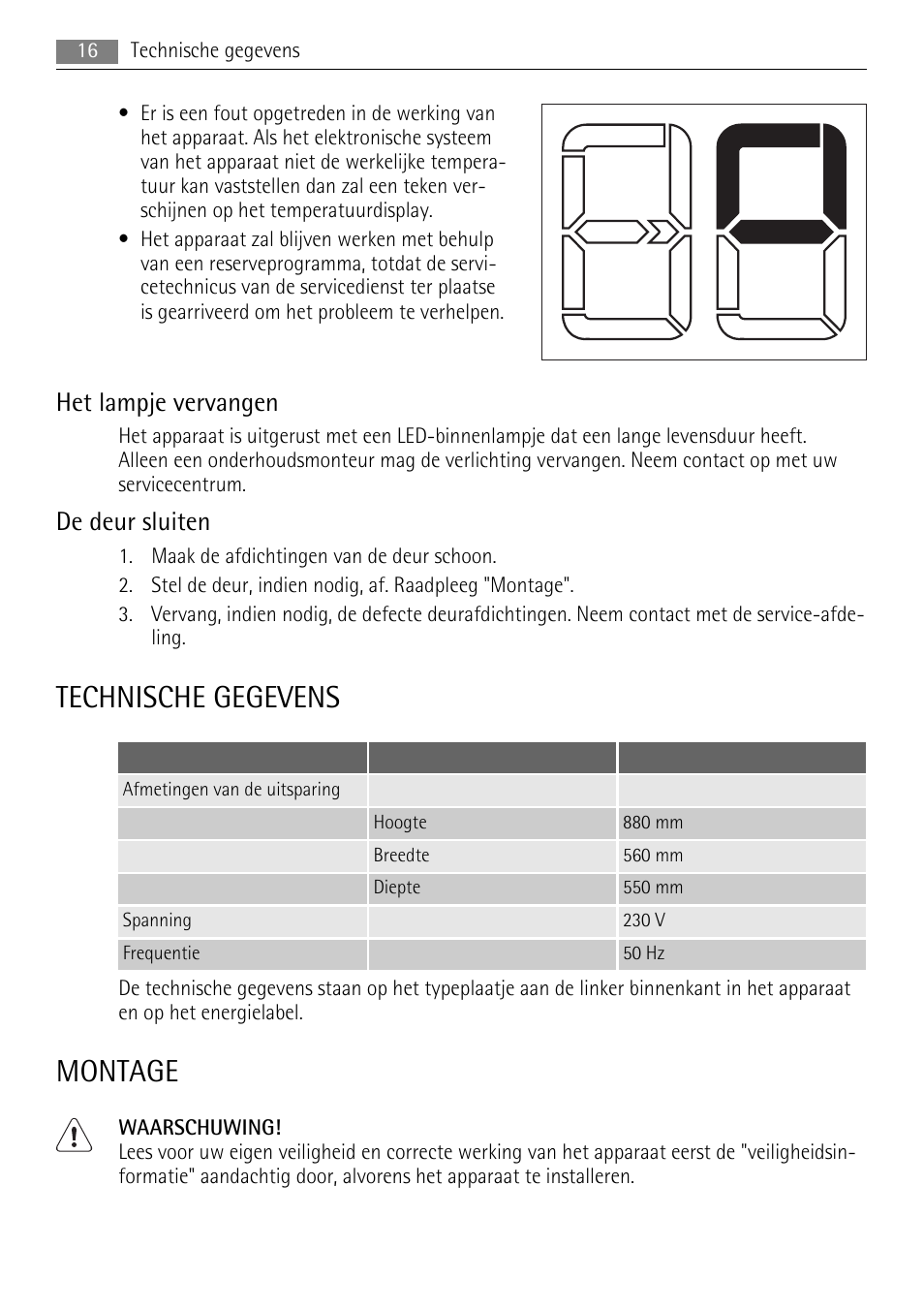 Technische gegevens, Montage, Het lampje vervangen | De deur sluiten | AEG SKS88809F0 User Manual | Page 16 / 76