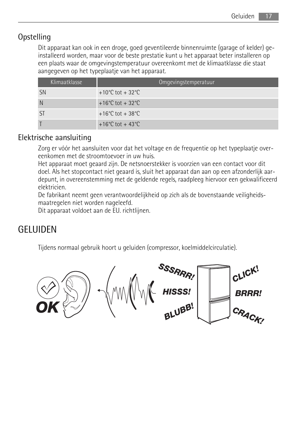 Geluiden, Opstelling, Elektrische aansluiting | AEG SKS88809F0 User Manual | Page 17 / 76