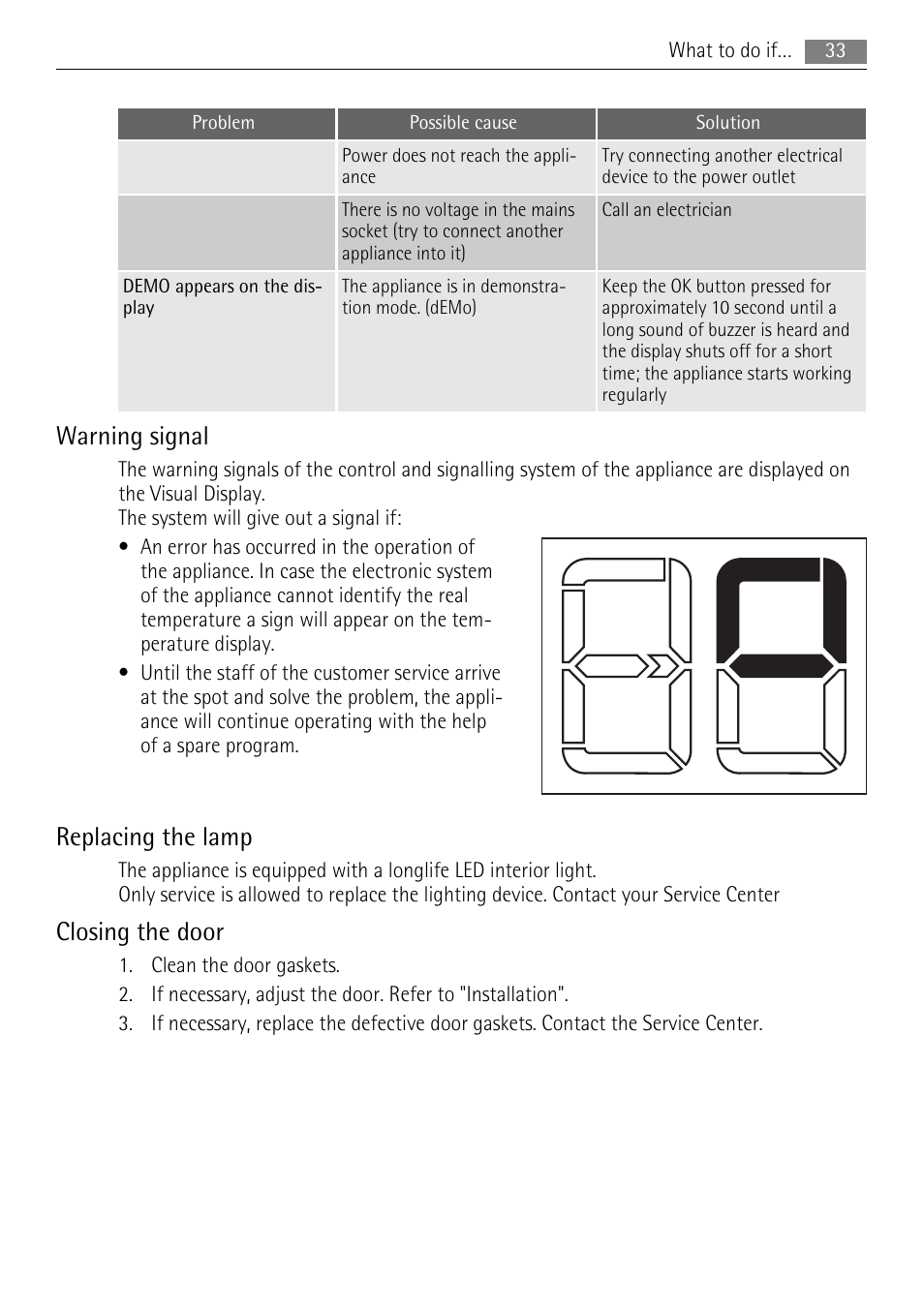 Warning signal, Replacing the lamp, Closing the door | AEG SKS88809F0 User Manual | Page 33 / 76