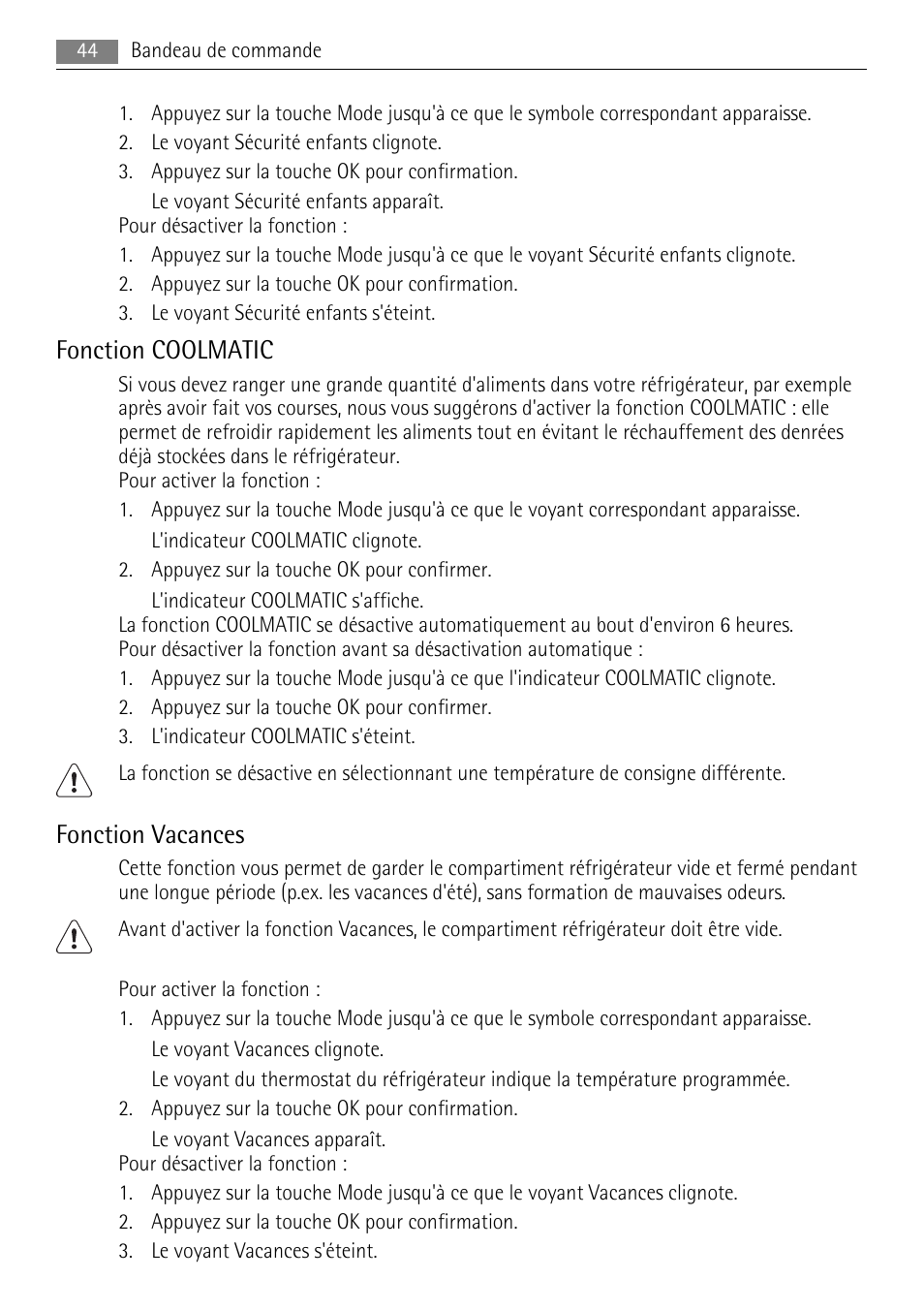 Fonction coolmatic, Fonction vacances | AEG SKS88809F0 User Manual | Page 44 / 76