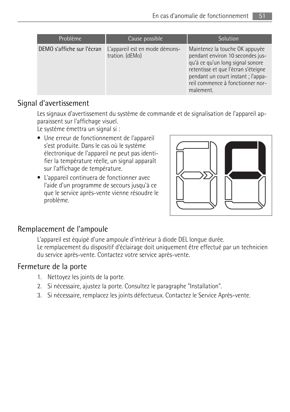 Signal d'avertissement, Remplacement de l'ampoule, Fermeture de la porte | AEG SKS88809F0 User Manual | Page 51 / 76