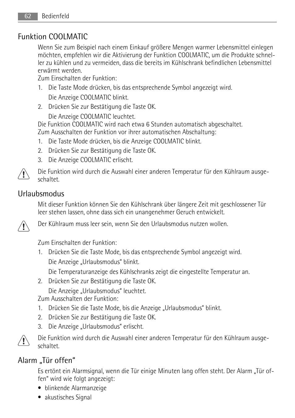 Funktion coolmatic, Urlaubsmodus, Alarm „tür offen | AEG SKS88809F0 User Manual | Page 62 / 76