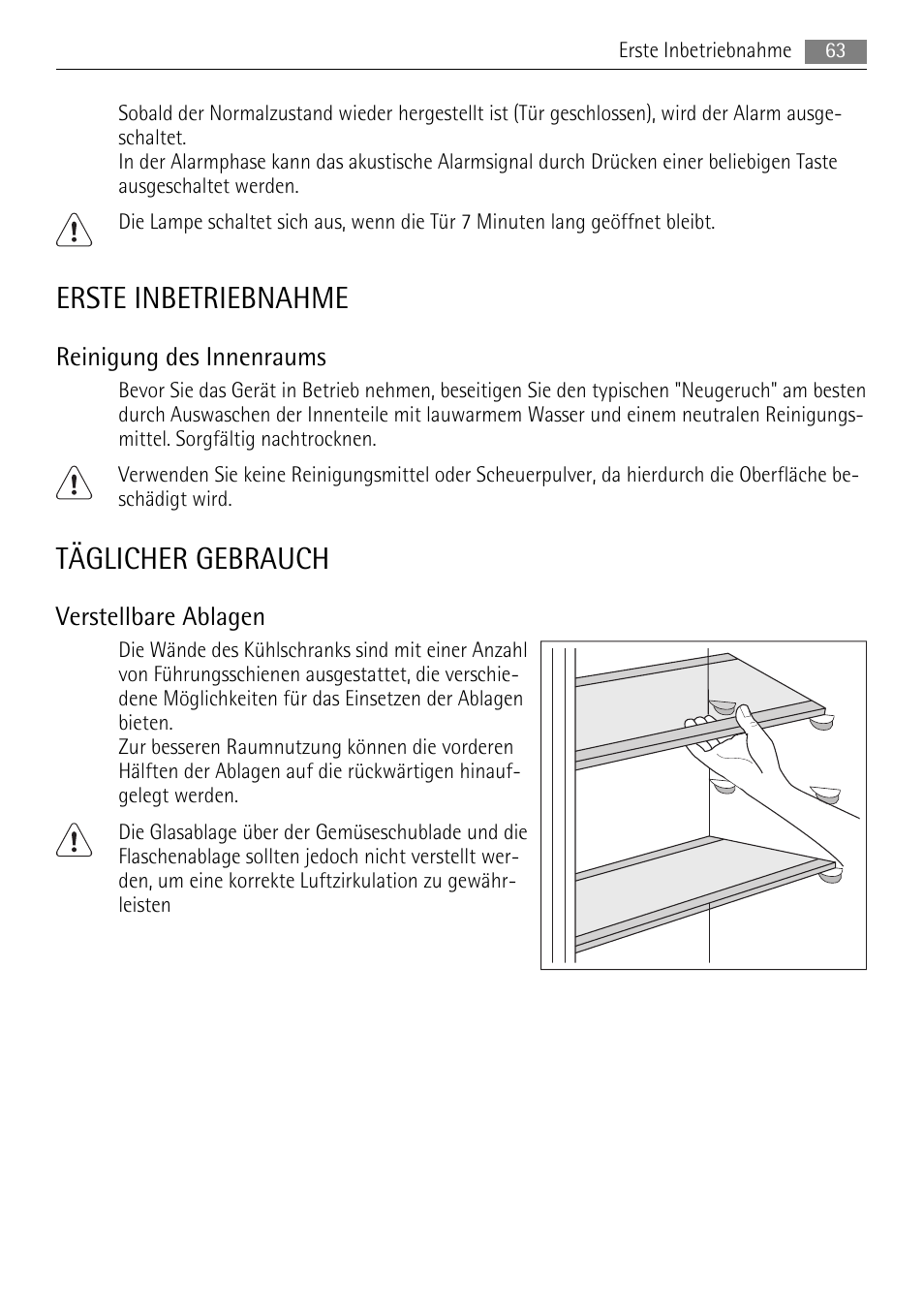 Erste inbetriebnahme, Täglicher gebrauch, Reinigung des innenraums | Verstellbare ablagen | AEG SKS88809F0 User Manual | Page 63 / 76