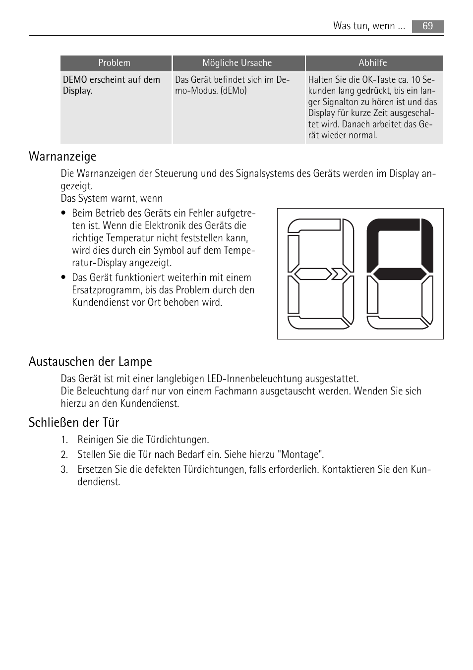 Warnanzeige, Austauschen der lampe, Schließen der tür | AEG SKS88809F0 User Manual | Page 69 / 76