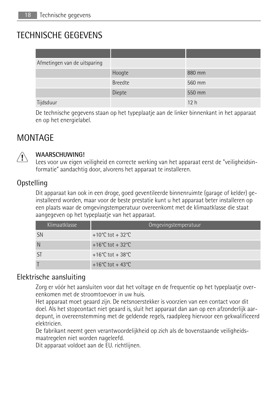 Technische gegevens, Montage, Opstelling | Elektrische aansluiting | AEG SKS88840F0 User Manual | Page 18 / 76