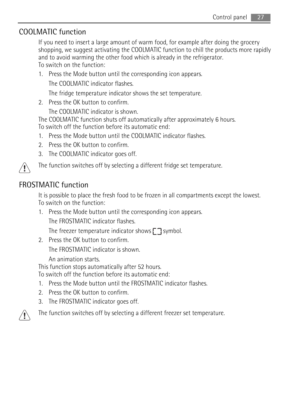 Coolmatic function, Frostmatic function | AEG SKS88840F0 User Manual | Page 27 / 76