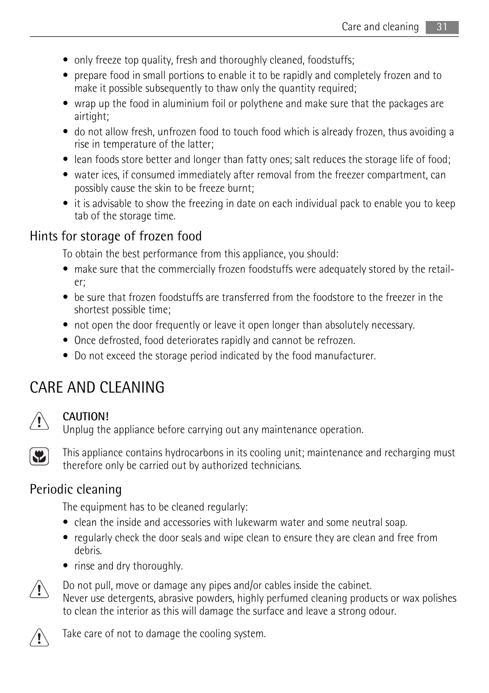 Care and cleaning, Hints for storage of frozen food, Periodic cleaning | AEG SKS88840F0 User Manual | Page 31 / 76