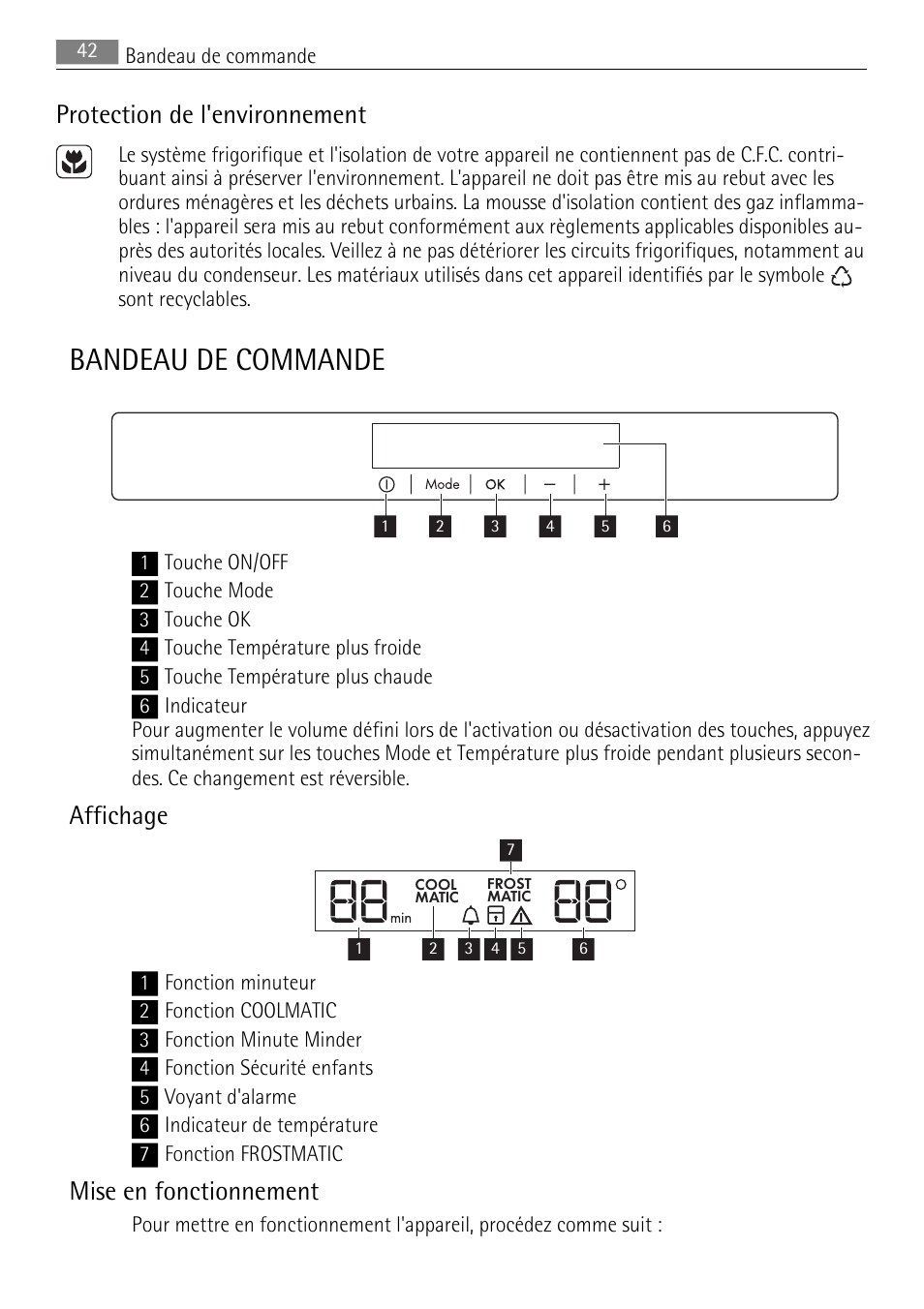 Bandeau de commande, Protection de l'environnement, Affichage | Mise en fonctionnement | AEG SKS88840F0 User Manual | Page 42 / 76