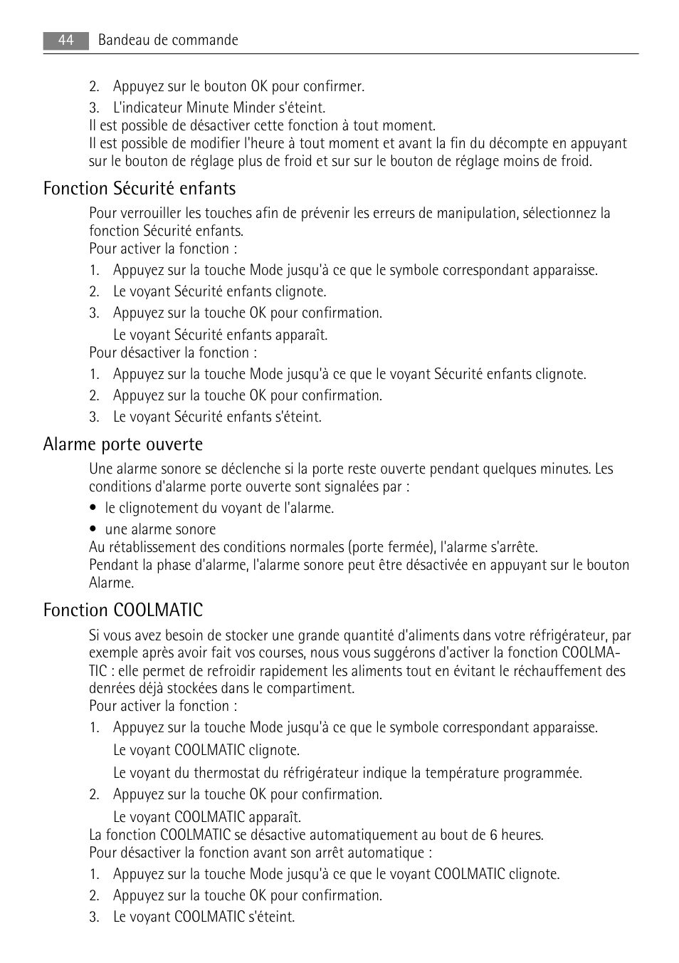 Fonction sécurité enfants, Alarme porte ouverte, Fonction coolmatic | AEG SKS88840F0 User Manual | Page 44 / 76