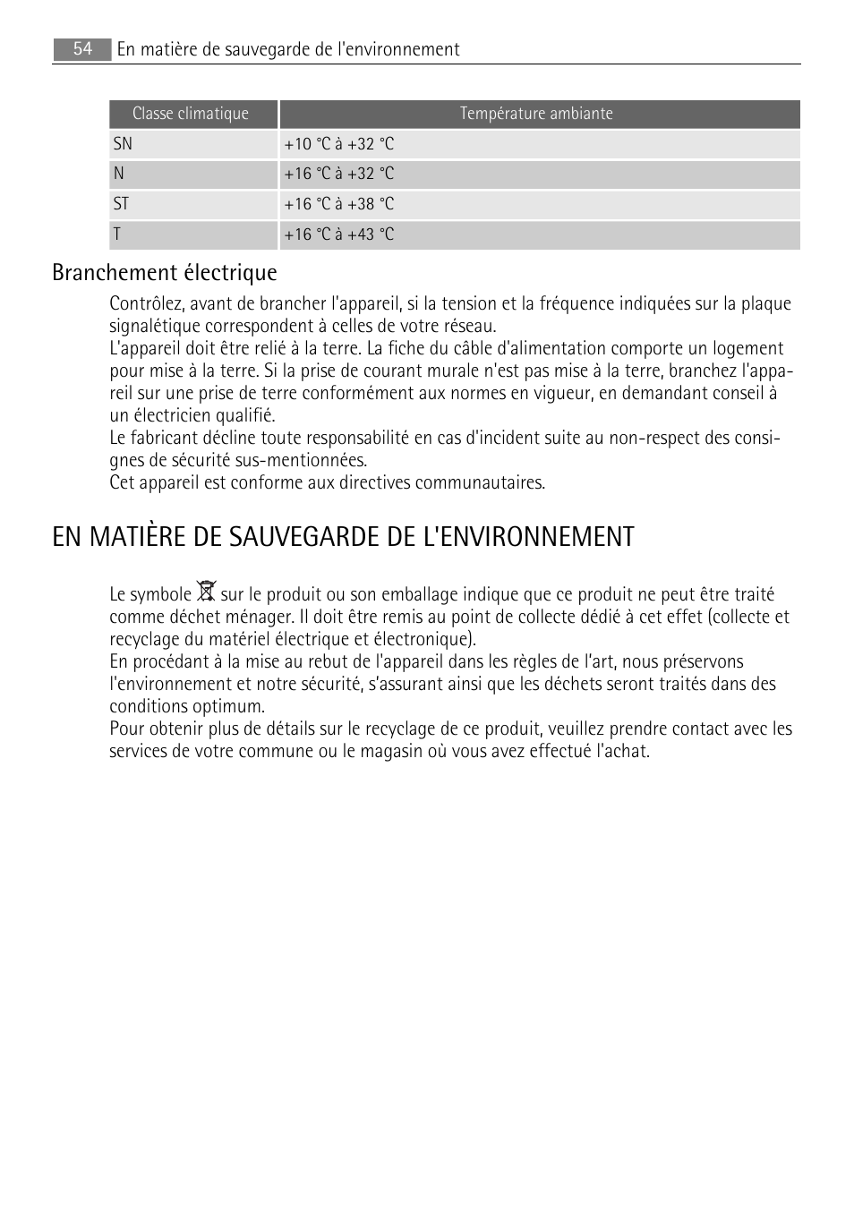 En matière de sauvegarde de l'environnement, Branchement électrique | AEG SKS88840F0 User Manual | Page 54 / 76