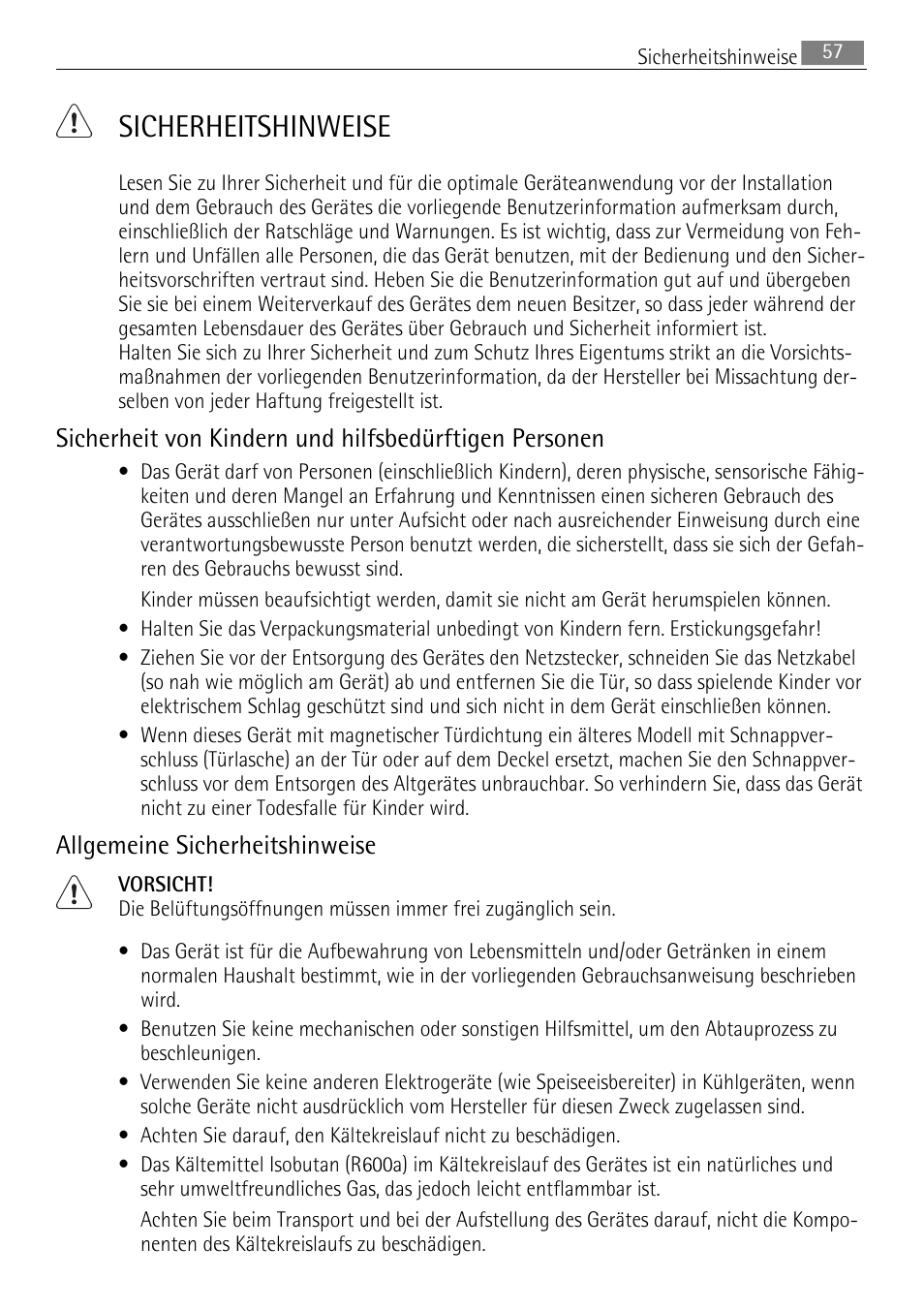Sicherheitshinweise, Allgemeine sicherheitshinweise | AEG SKS88840F0 User Manual | Page 57 / 76