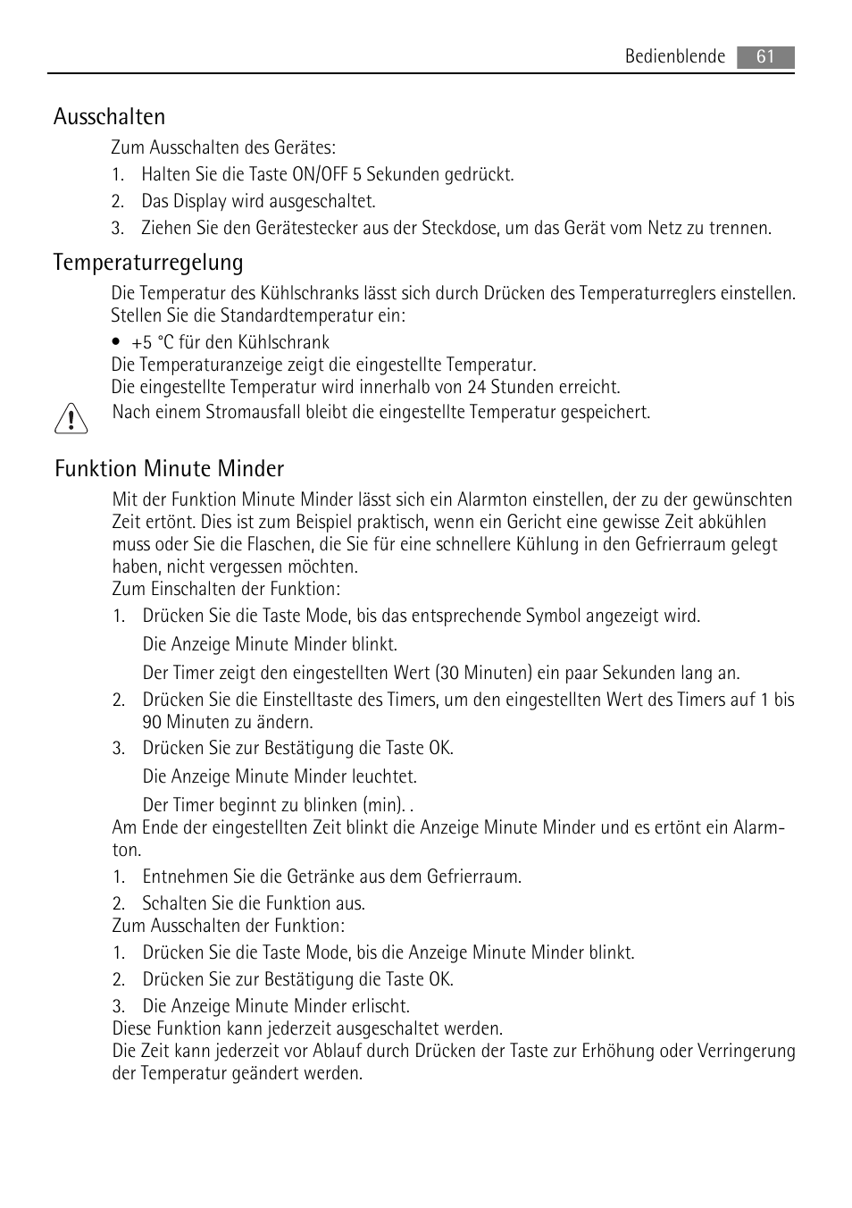 Ausschalten, Temperaturregelung, Funktion minute minder | AEG SKS88840F0 User Manual | Page 61 / 76